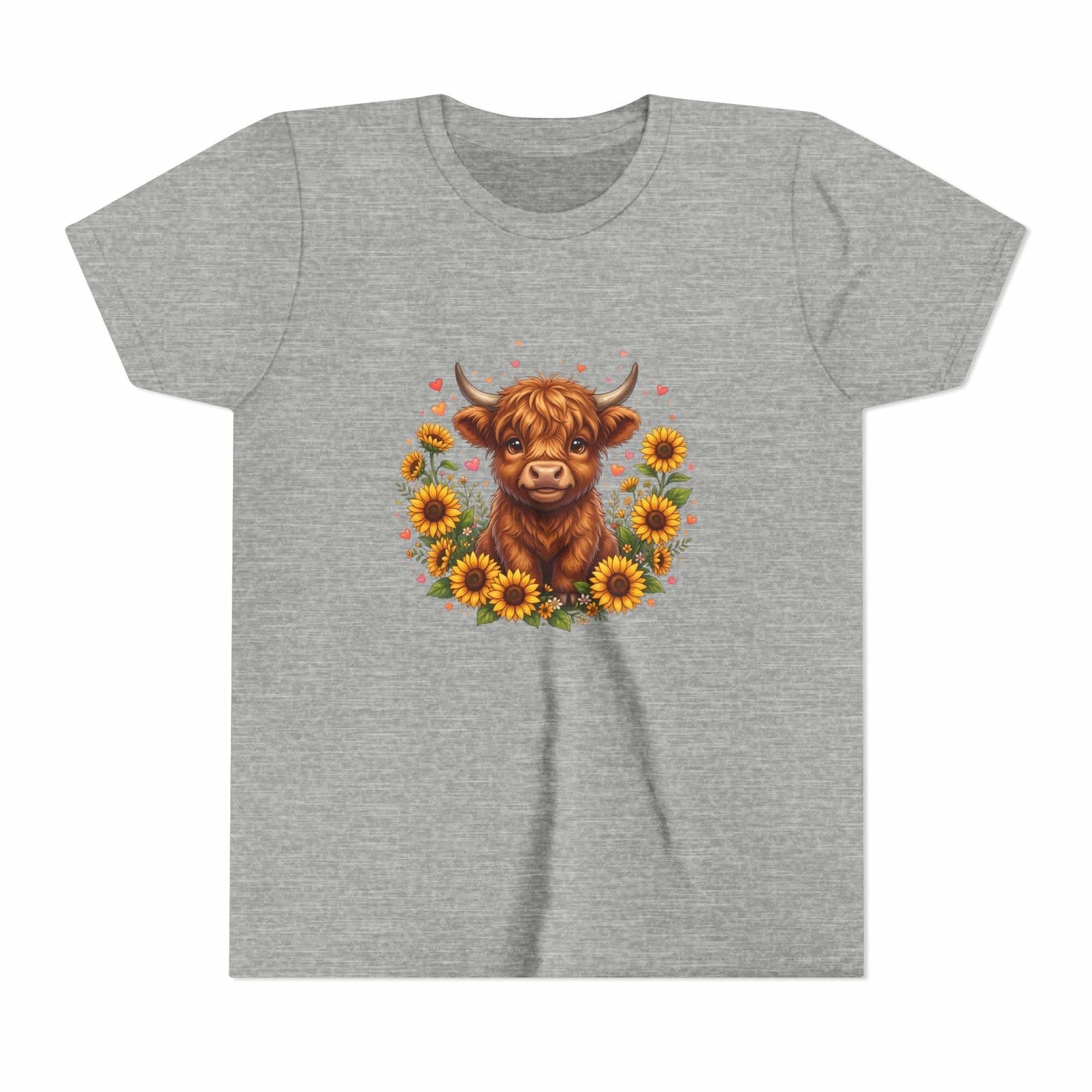 Youth tee featuring Highland Cow with Sunflowers design on soft cotton shirt