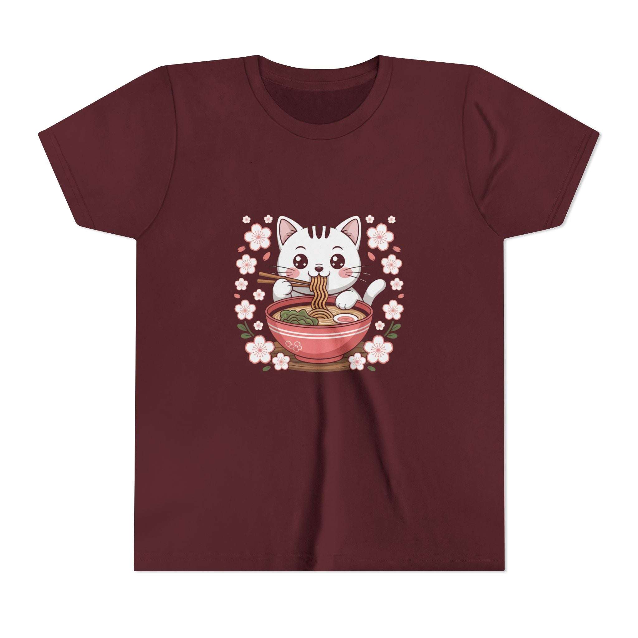 Kawaii cat eating ramen anime tee for youth with soft cotton and vibrant print