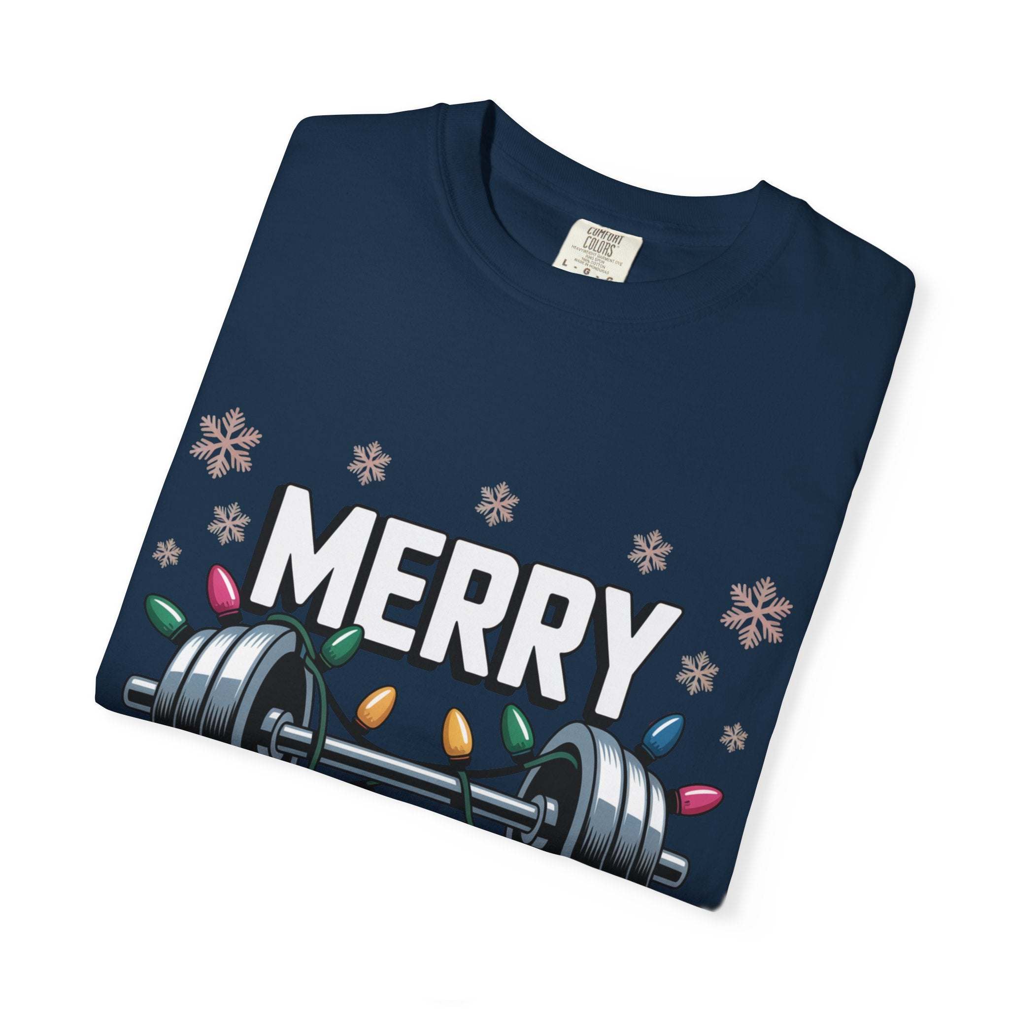 Navy Christmas workout t-shirt with Merry Liftmas barbell and holiday lights design