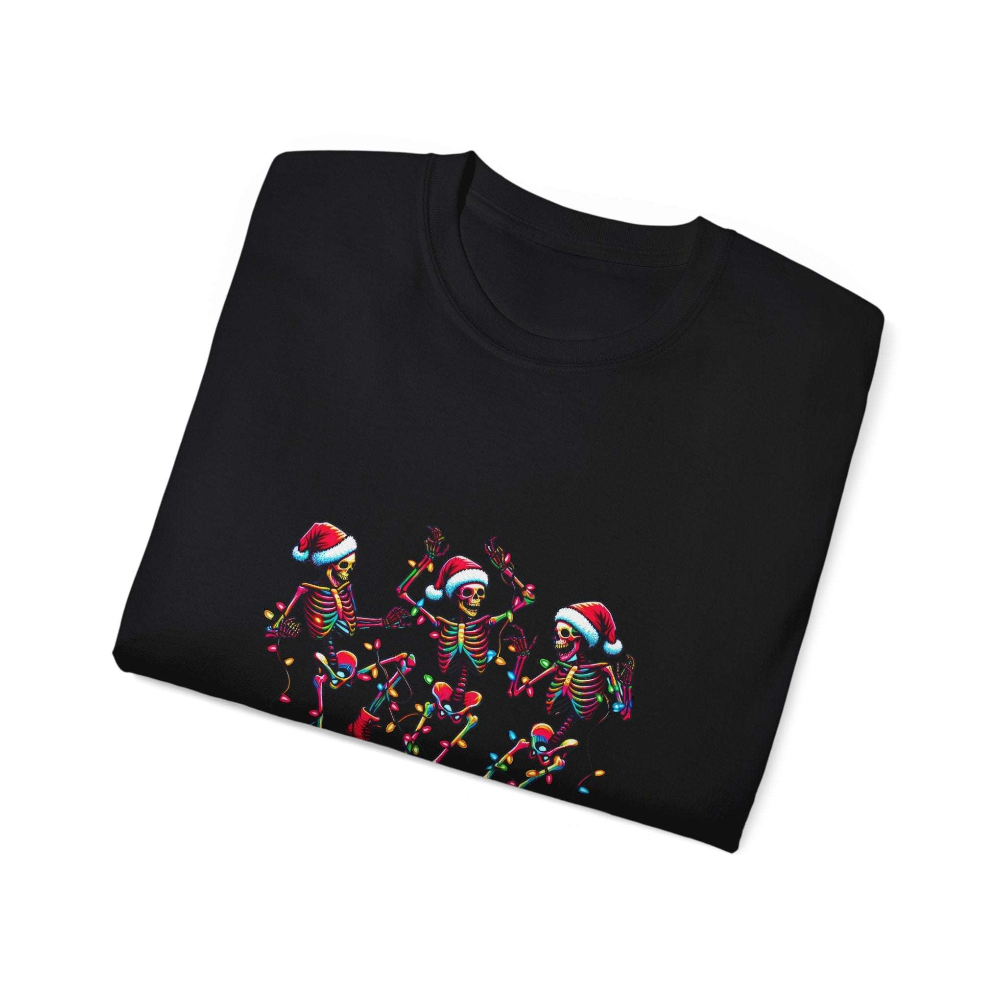 White Christmas Dancing Skeletons t-shirt by Printify, festive design perfect for holiday celebrations