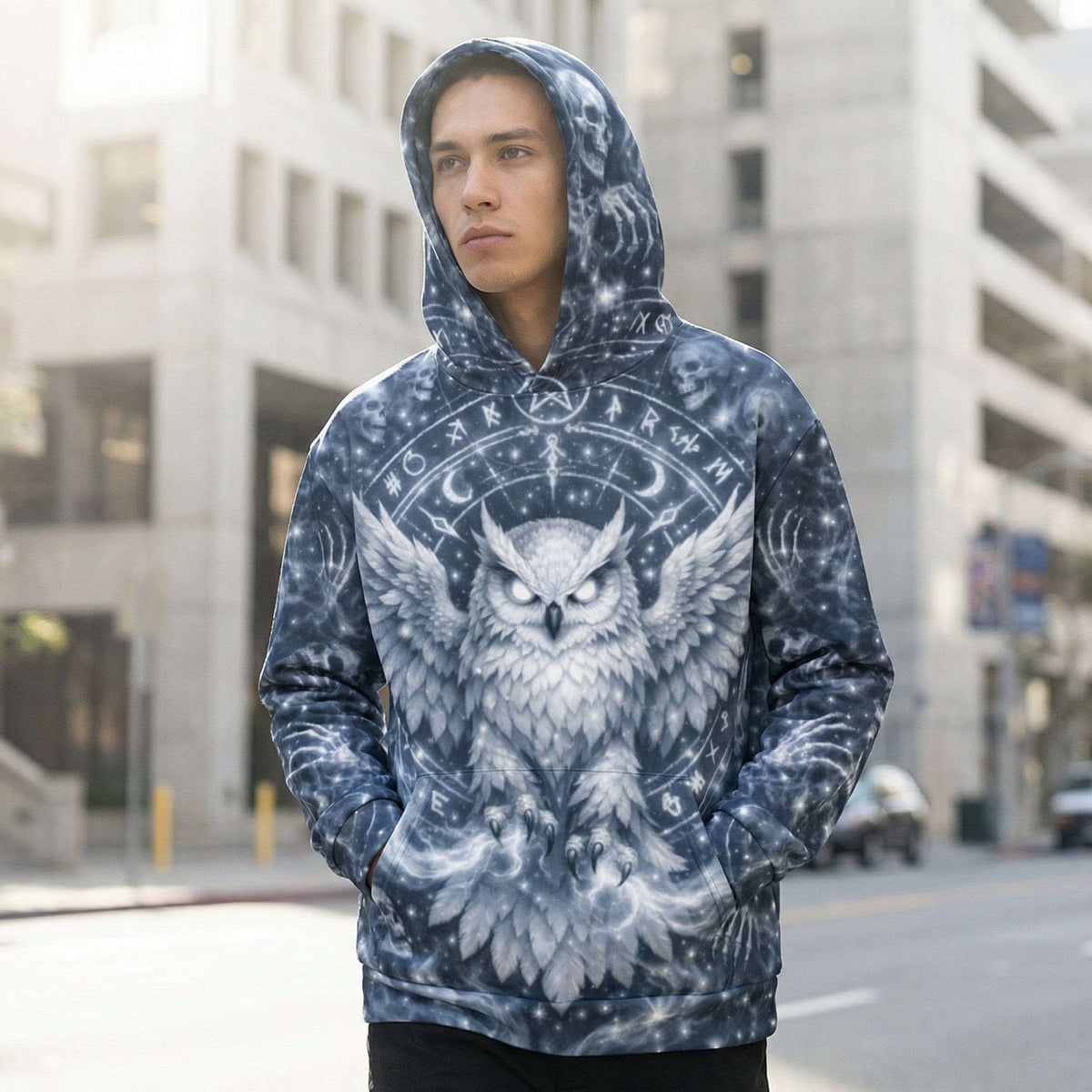 Hoodie with an all-over snowy owl and forest print