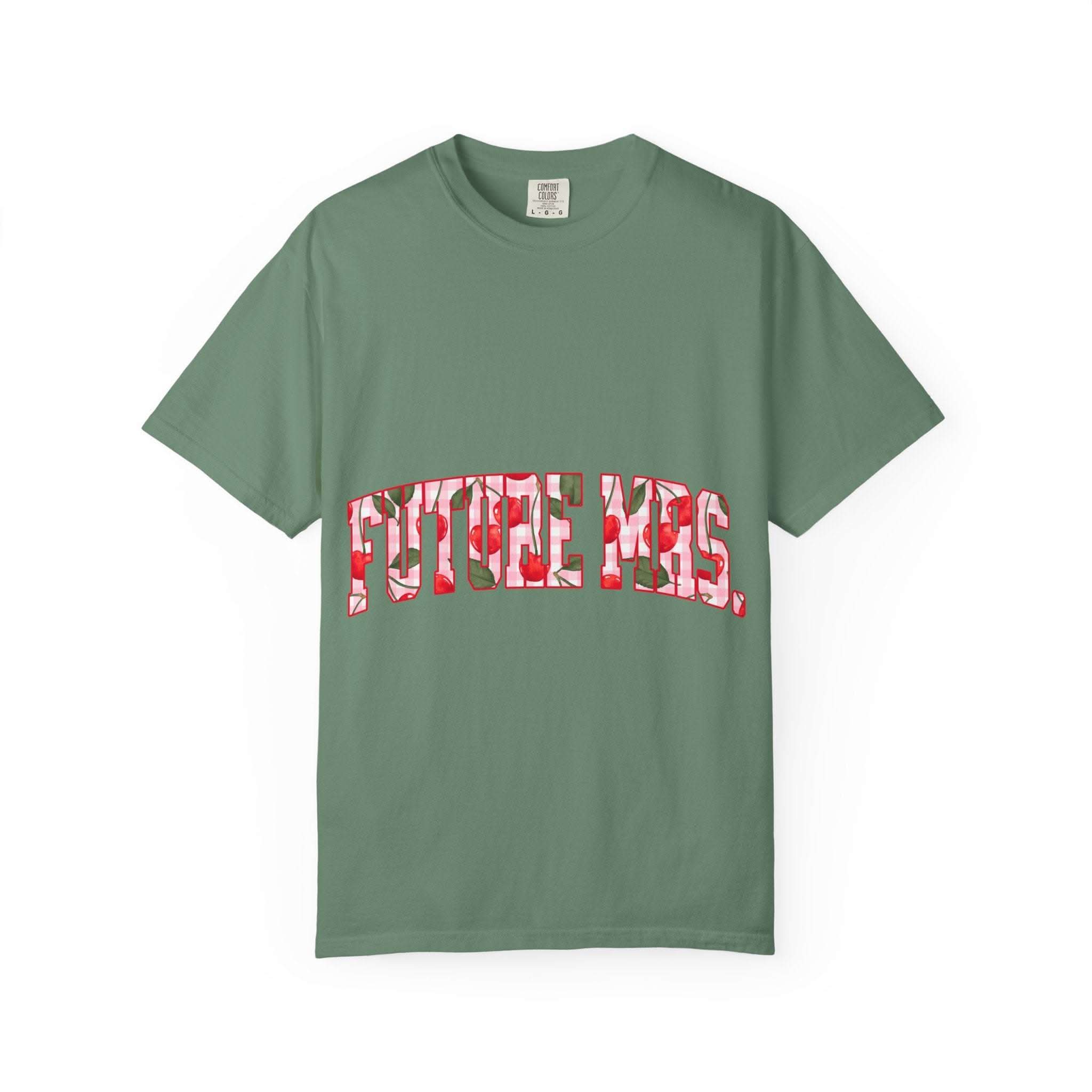Future Mrs Cherry soft garment-dyed bridal t-shirt with relaxed fit and muted colors