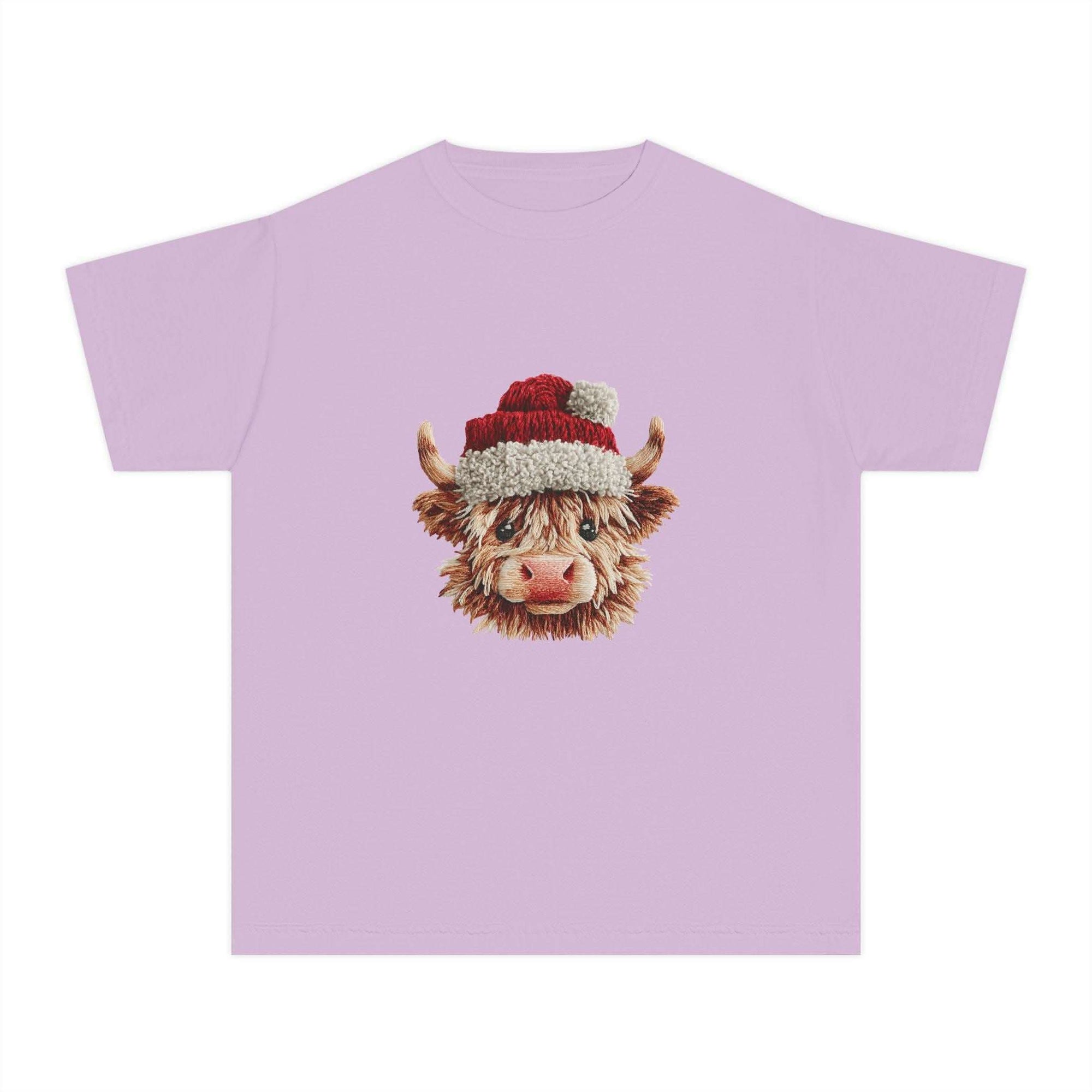 Youth tee with Santa Highland cow in faux crochet yarn style for Christmas