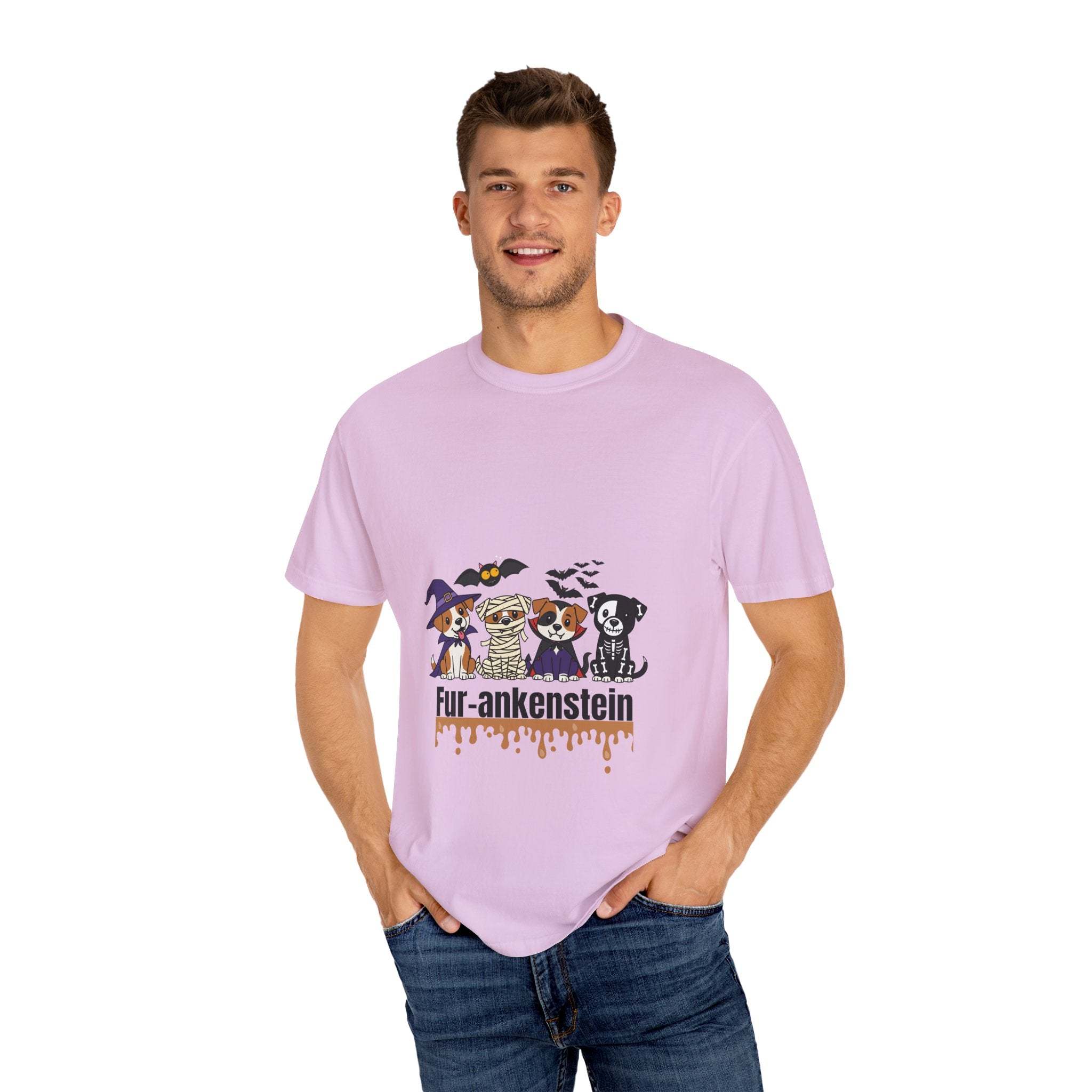 Men's lavender Puppies Halloween T-shirt with puppies in costumes and "Fur-ankenstein" text, soft garment-dyed cotton, relaxed fit