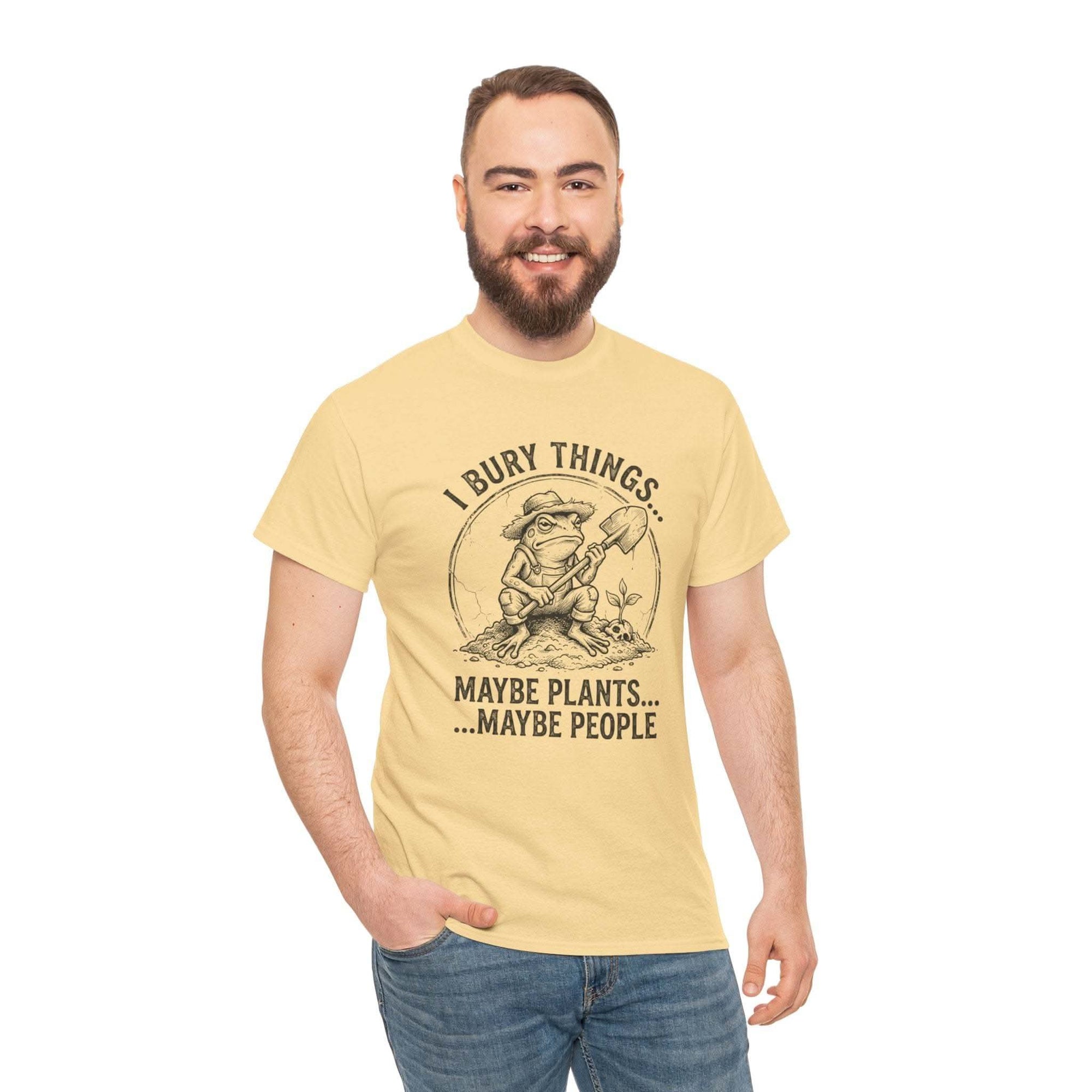 I Bury Things Maybe Plants Maybe People funny gardener t-shirt with gnome digging illustration
