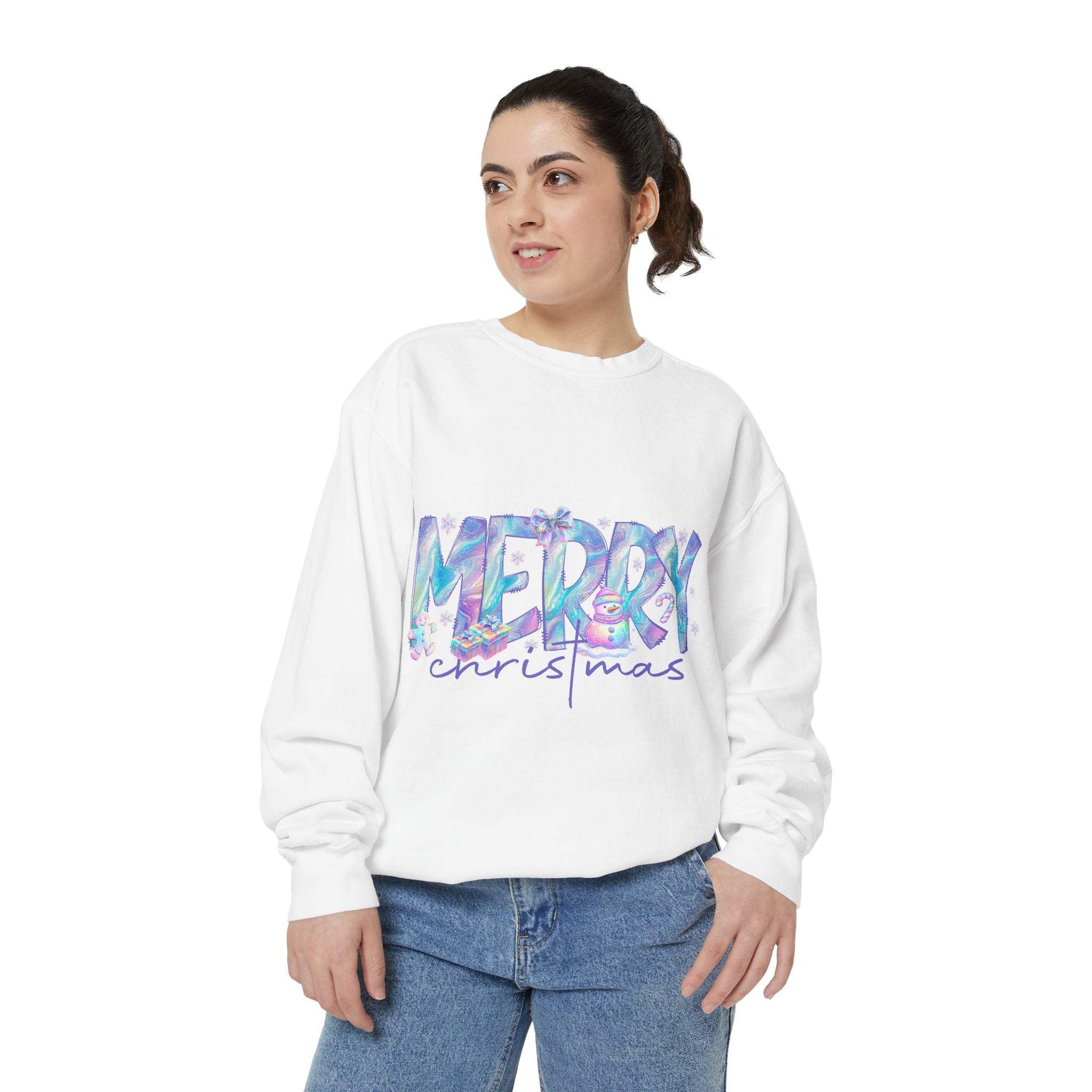 Woman wearing white iridescent Merry Christmas sweatshirt with relaxed fit and festive design