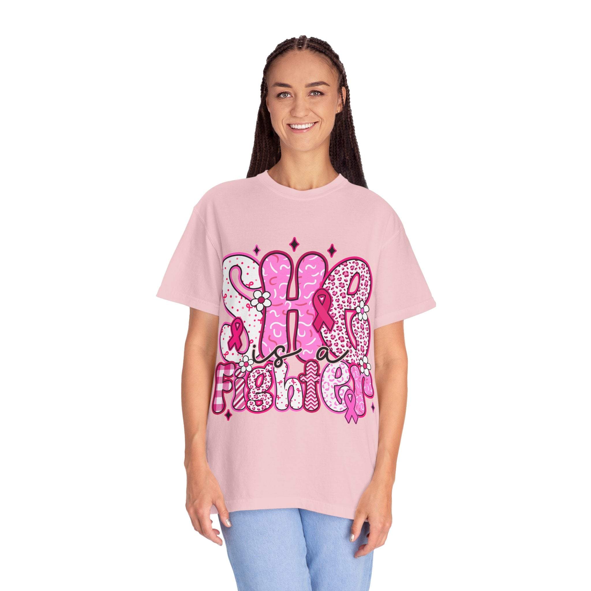 Woman wearing pink Fighter Breast Cancer T-shirt with bold supportive design