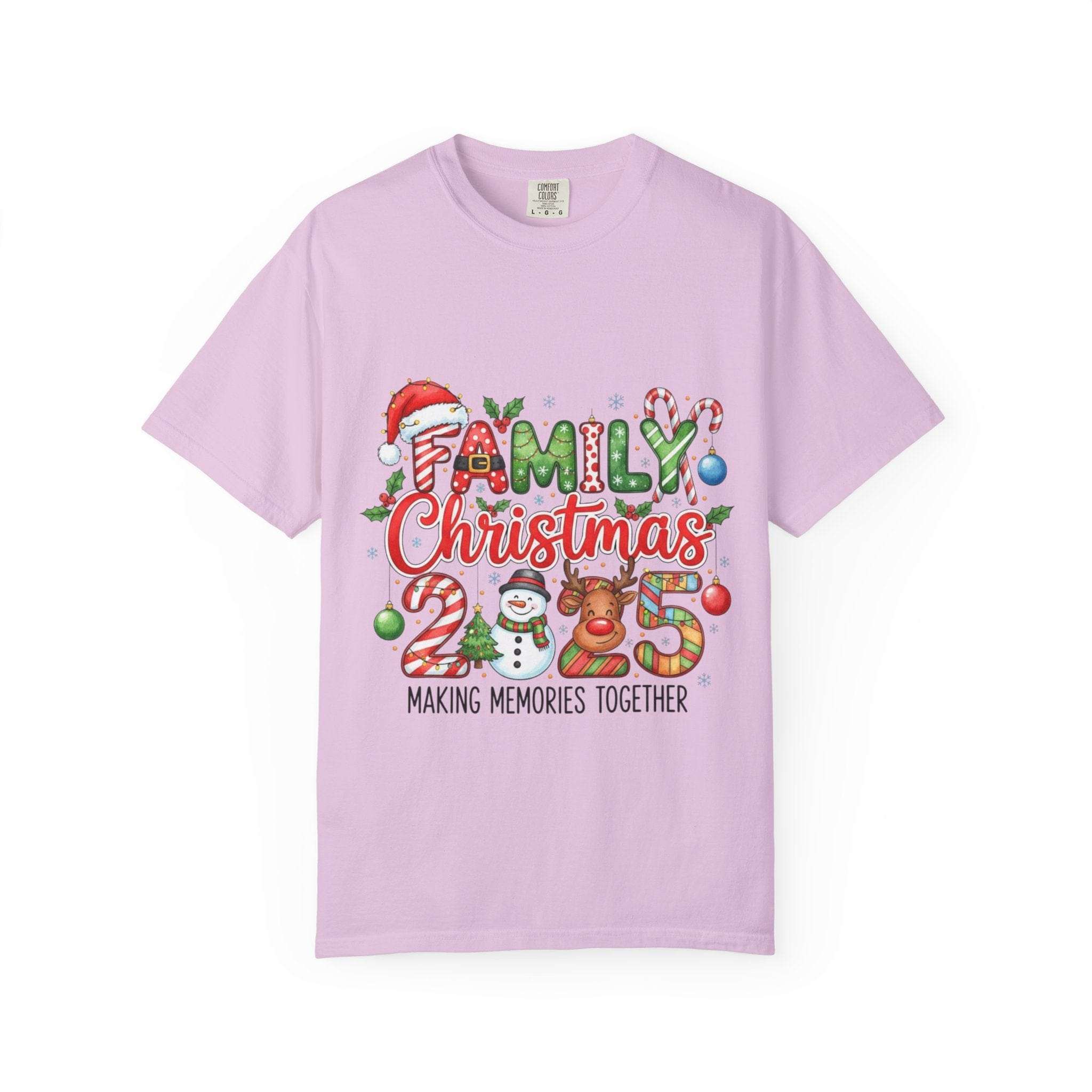 Garment-dyed red T-shirt featuring 'Family Christmas 2025' design by Printify