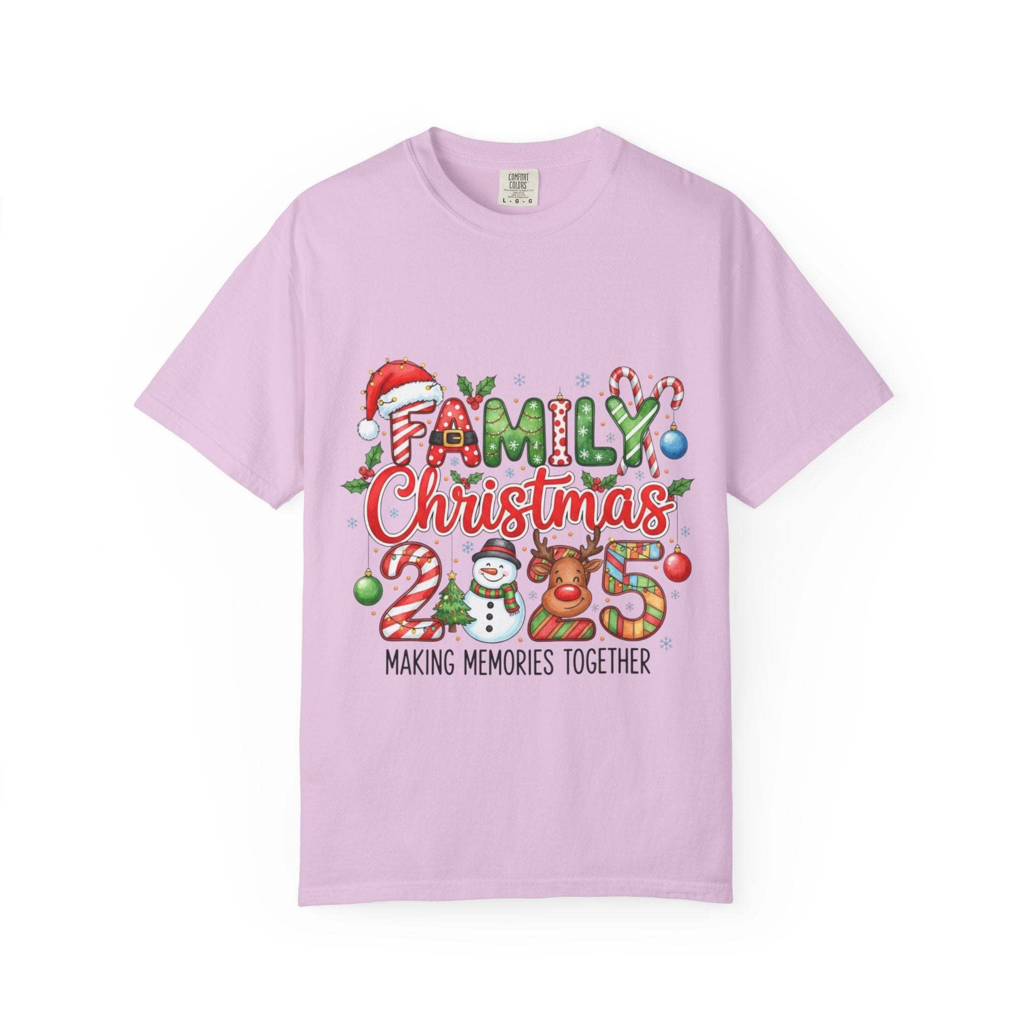 Family Christmas 2025 T-shirt in light purple with festive holiday graphics and text making memories together design