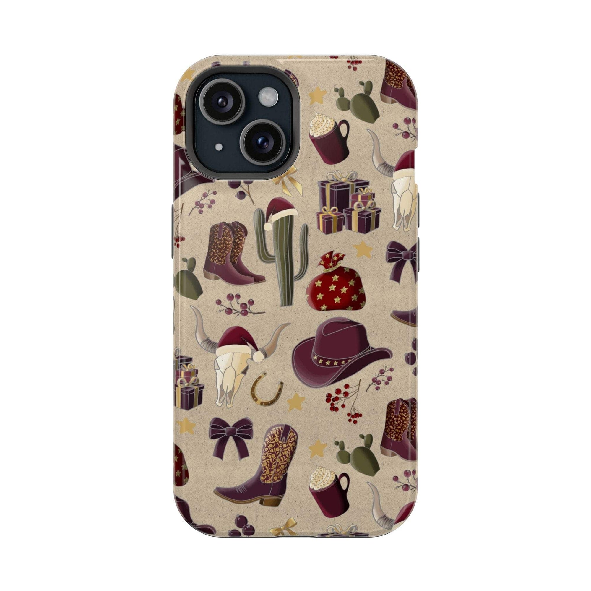 Cowboy Christmas design phone case for iPhone 17 in glossy finish by Printify, featuring festive colors and patterns.