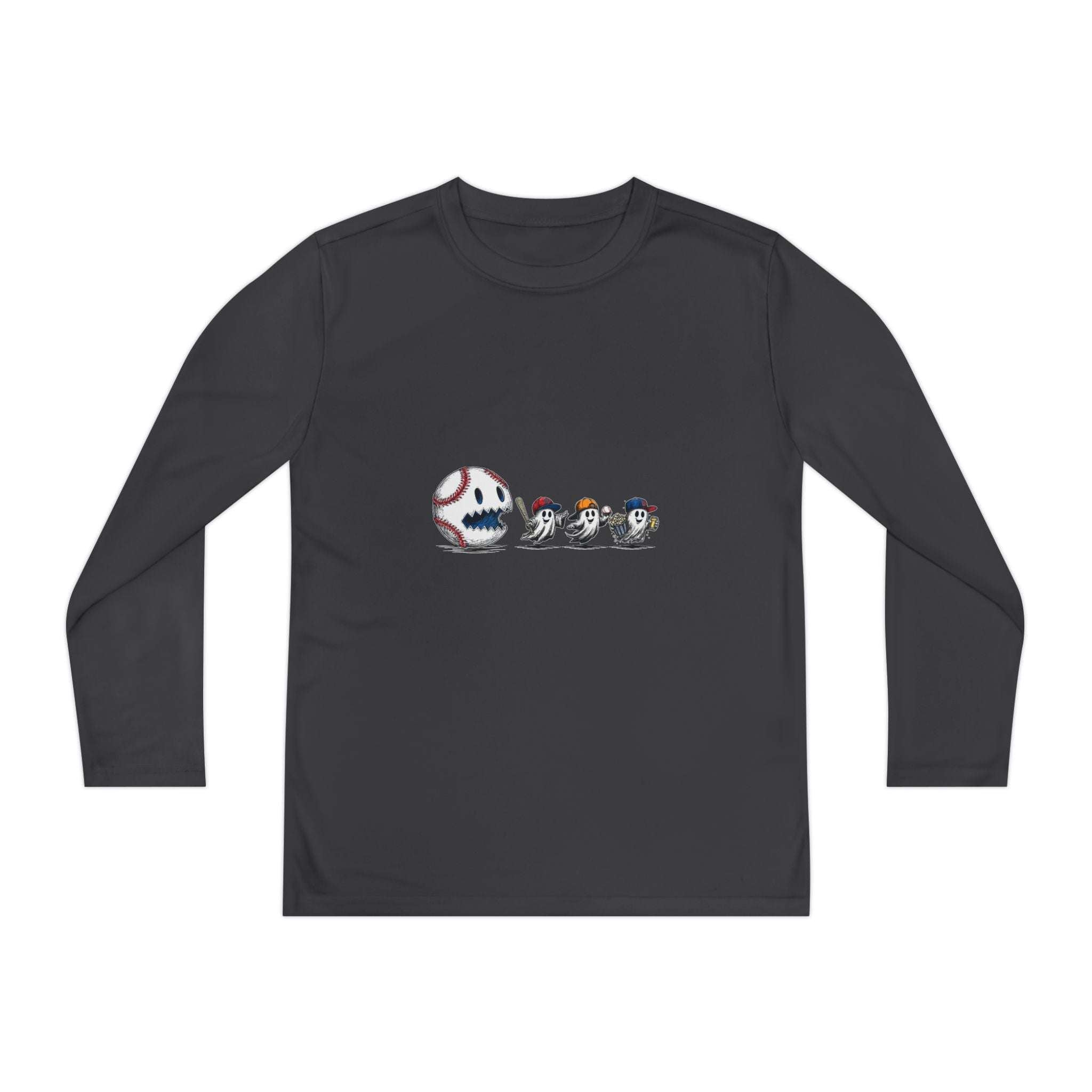 Atomic Blue long-sleeve youth tee featuring spooky baseball ghosts design by Printify.