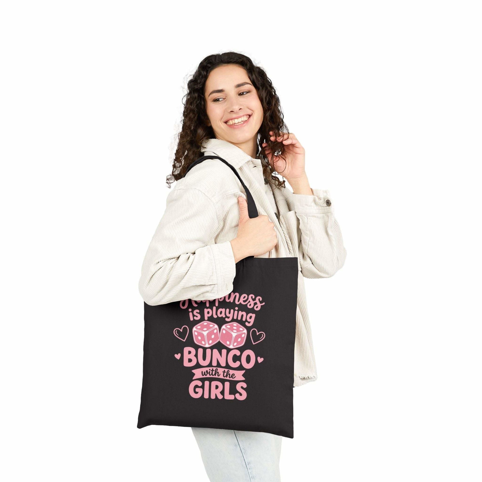 Happiness is Playing Bunco tote bag with dice night design on durable cotton canvas for game night enthusiasts