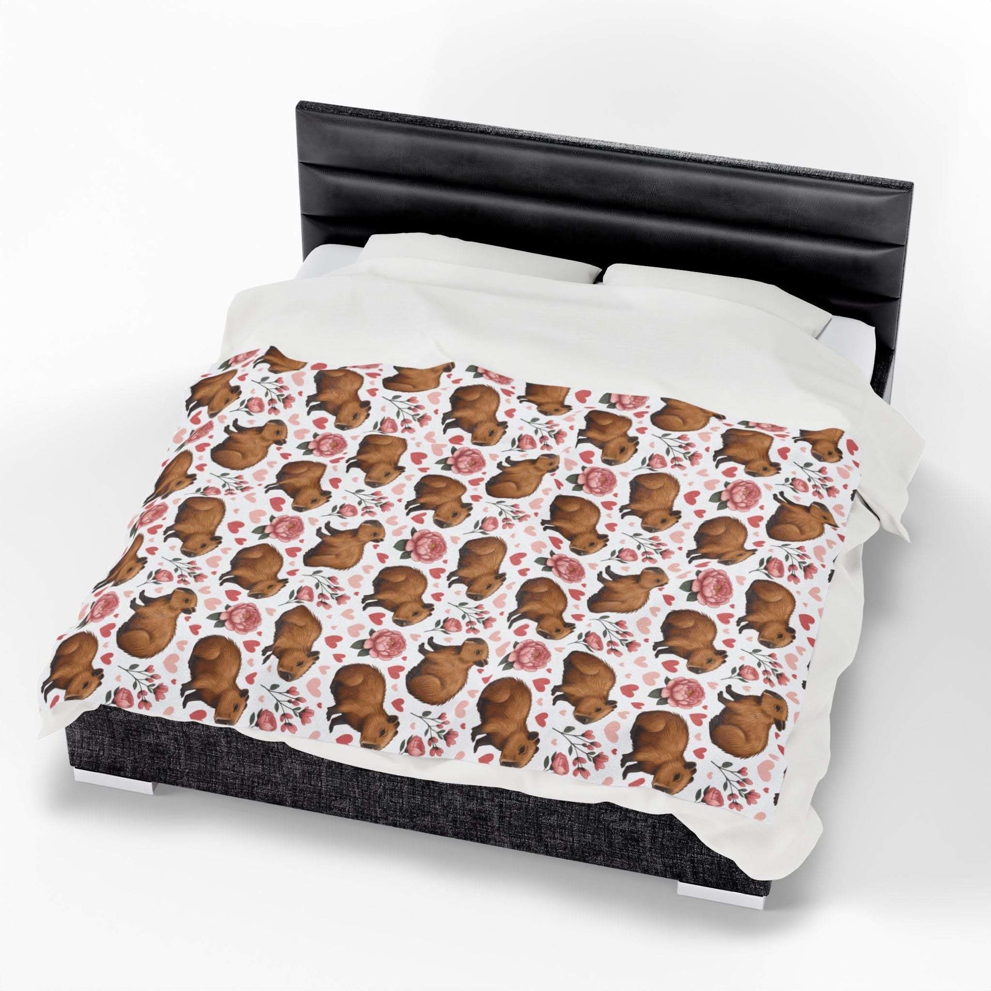 Floral Capybara Valentines plush velveteen blanket with pastel blooms and cozy warmth