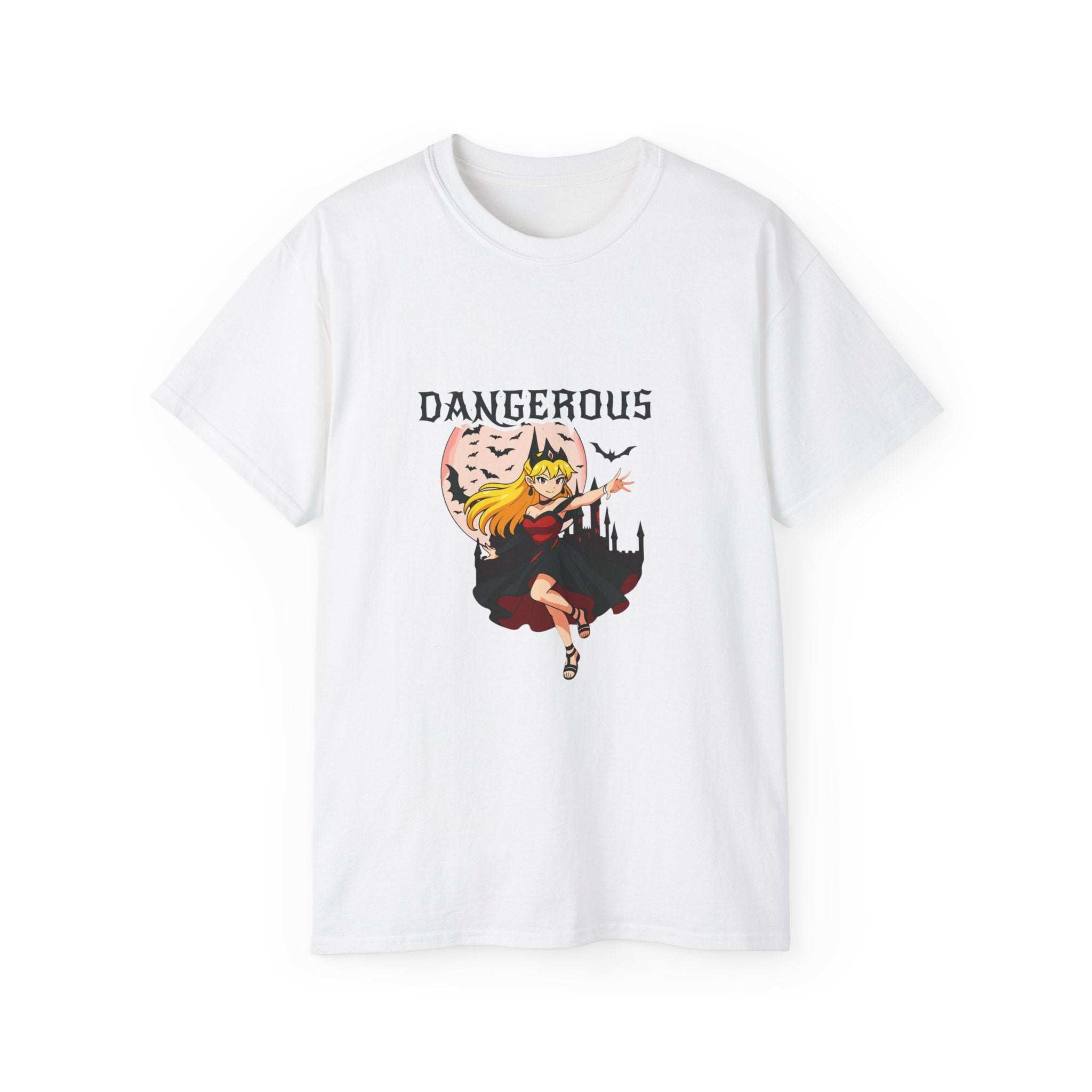 White t-shirt with Anime Halloween Dangerous Girl print featuring a blonde character and bats design