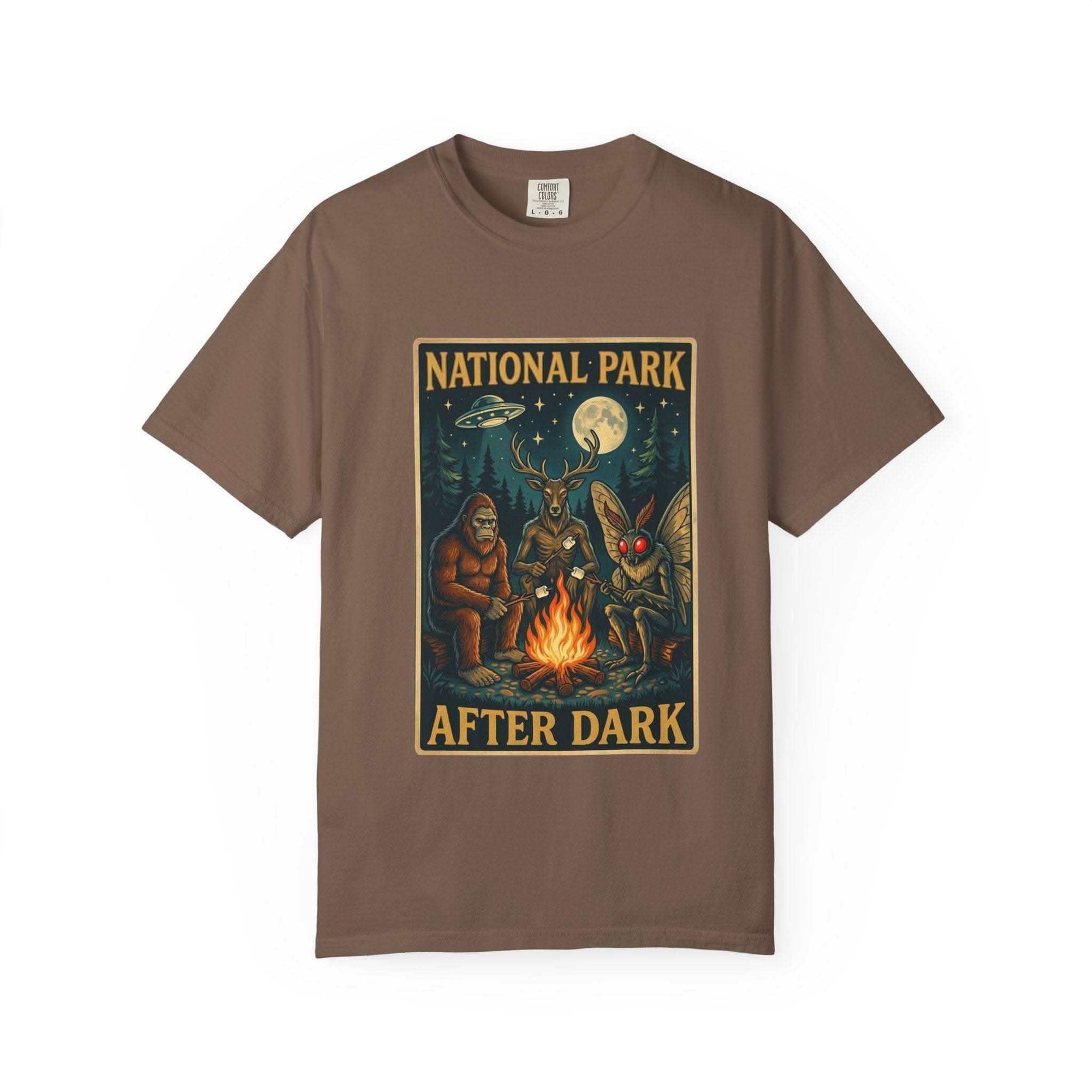 Vintage National Park After Dark t-shirt with campfire and night creatures design