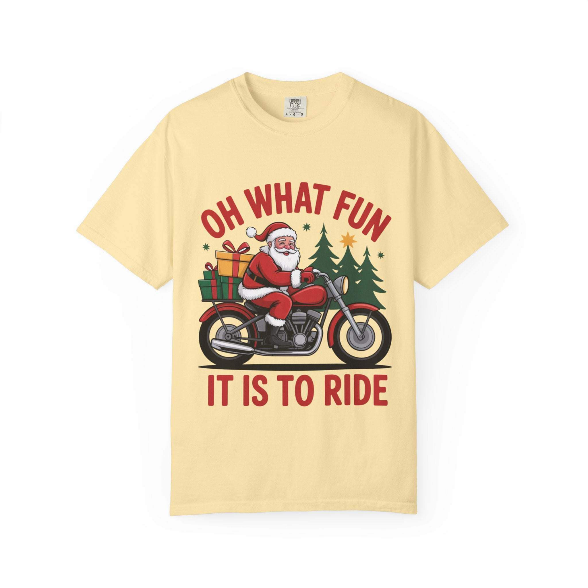 Santa on a motorcycle graphic t-shirt with festive holiday design and text "Oh What Fun It Is to Ride"