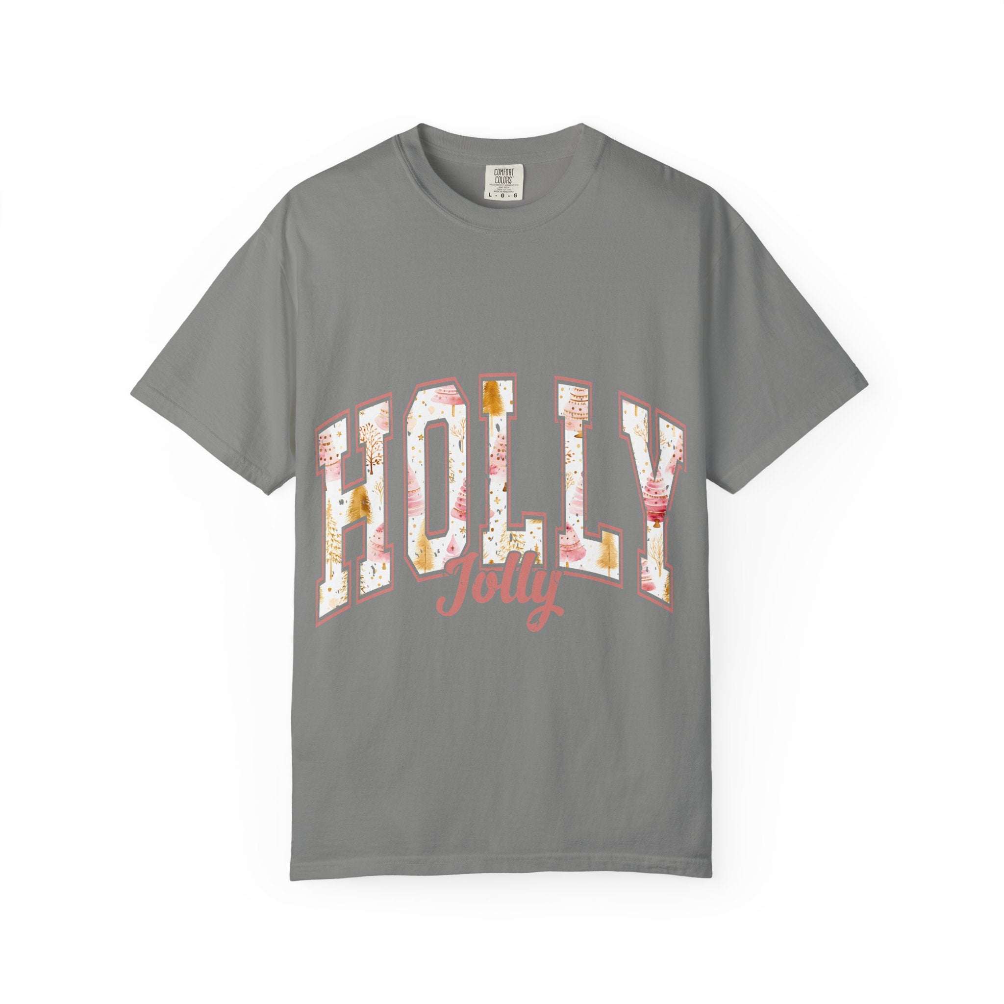 Varsity Holly Jolly T-shirt in gray with festive holiday text, soft garment-dyed cotton, unisex fit