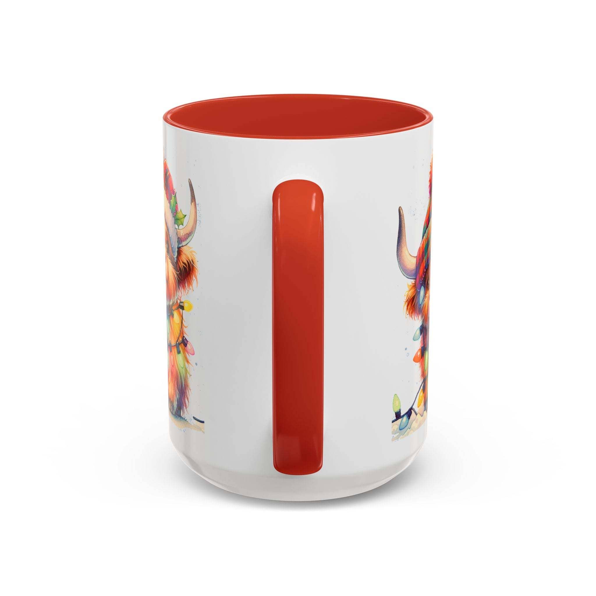 White ceramic Christmas coffee mug with red interior and handle featuring a festive Scottish Highland Cow illustration
