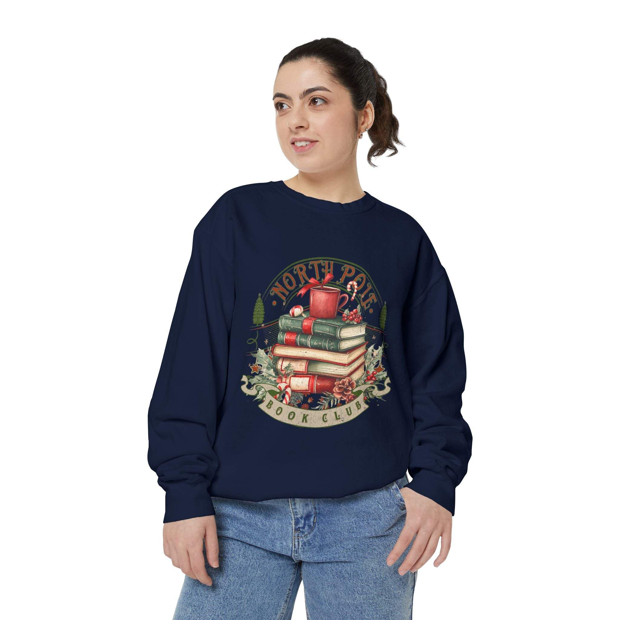 woman wearing navy Vintage North Pole Book Club sweatshirt with book and mug graphic, cotton blend, ribbed cuffs and collar