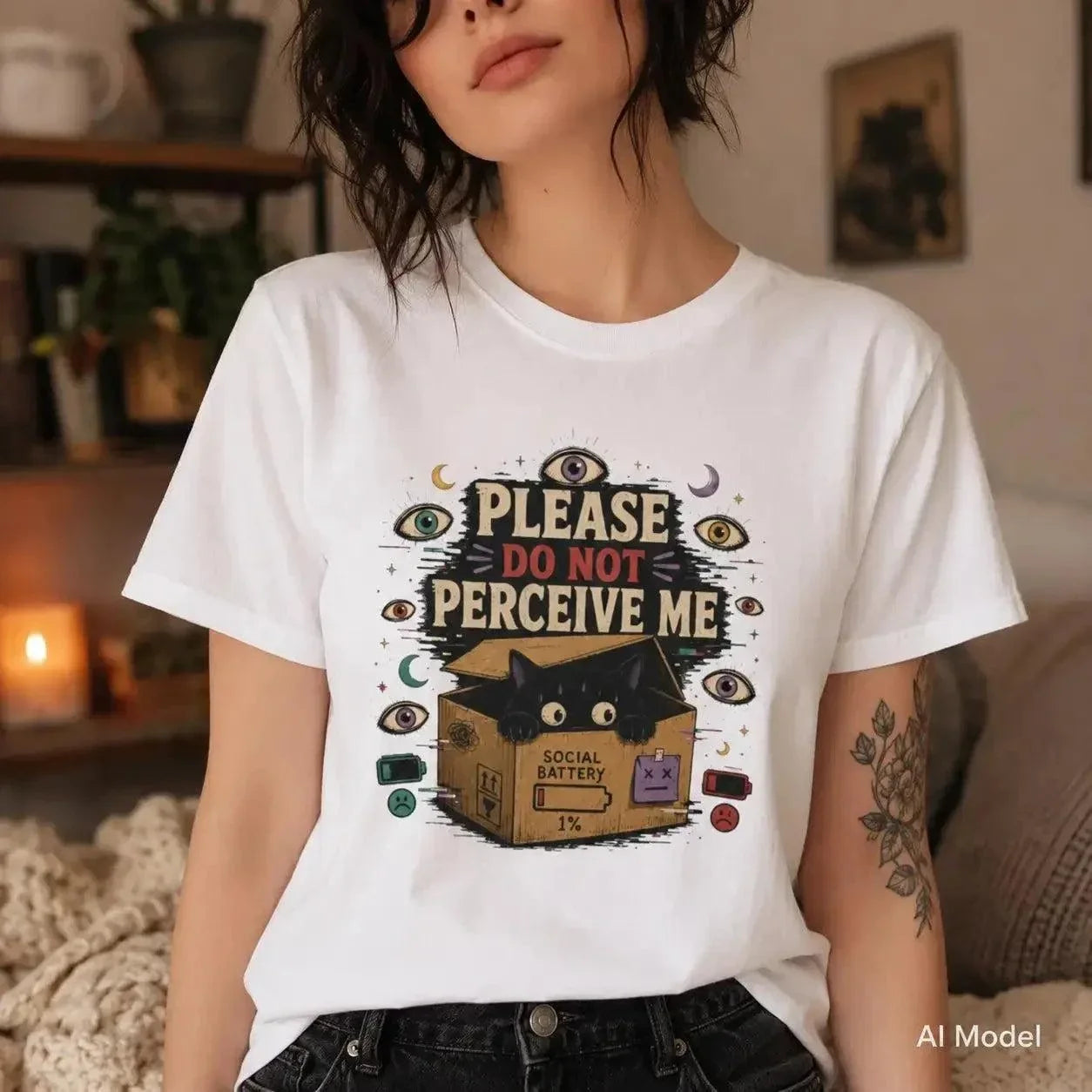 Surreal black cat inside box with "Please Do Not Perceive Me" text and occult eyes on weirdcore t-shirt
