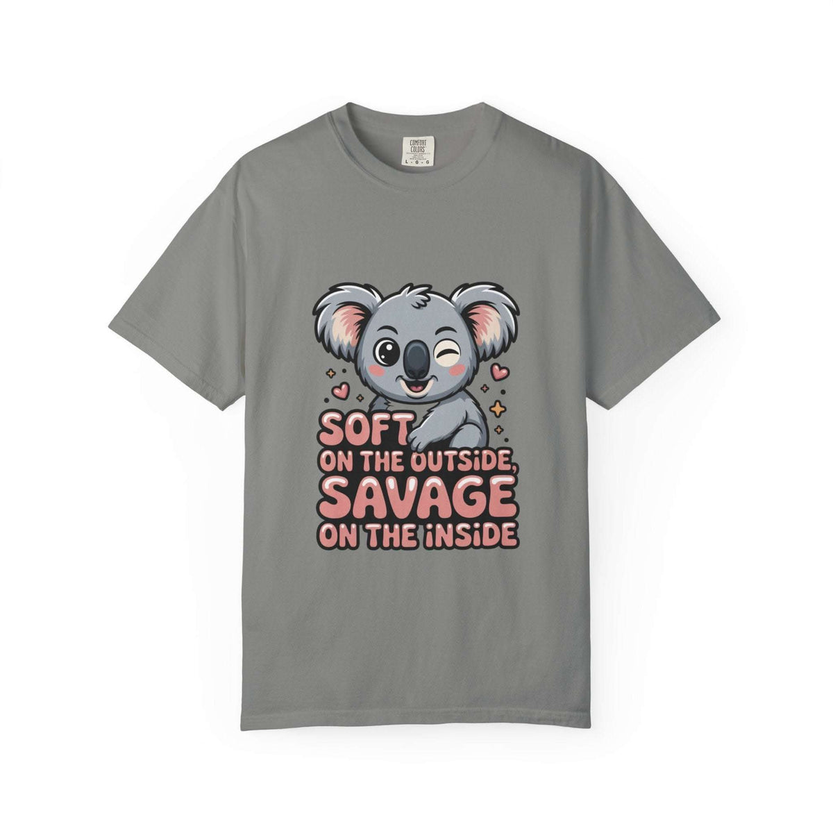 Gray T-shirt with playful koala graphic and "Soft on the Outside, Savage on the Inside" text design