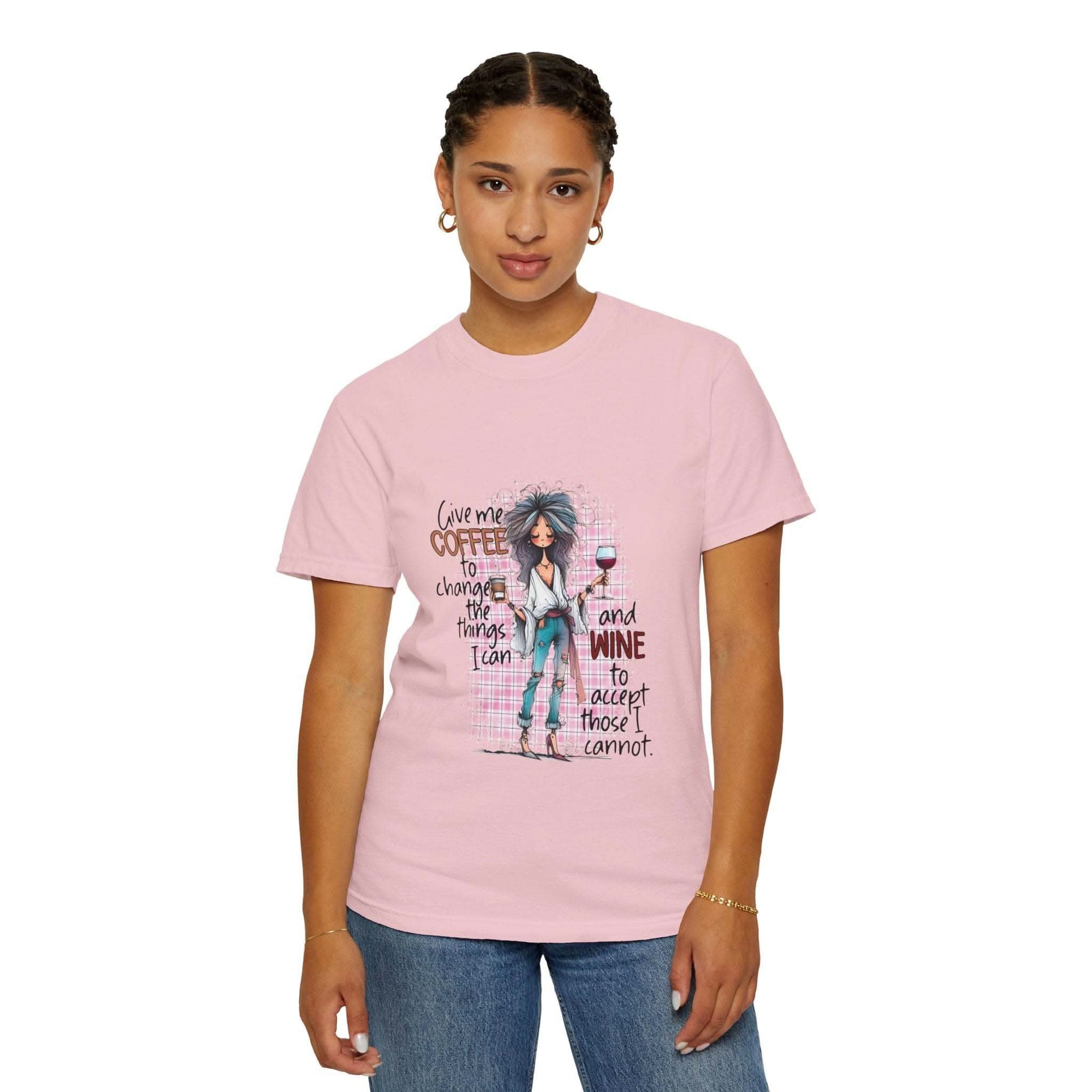 Coffee and Wine Unisex T-shirt with fun quote and casual fit on woman