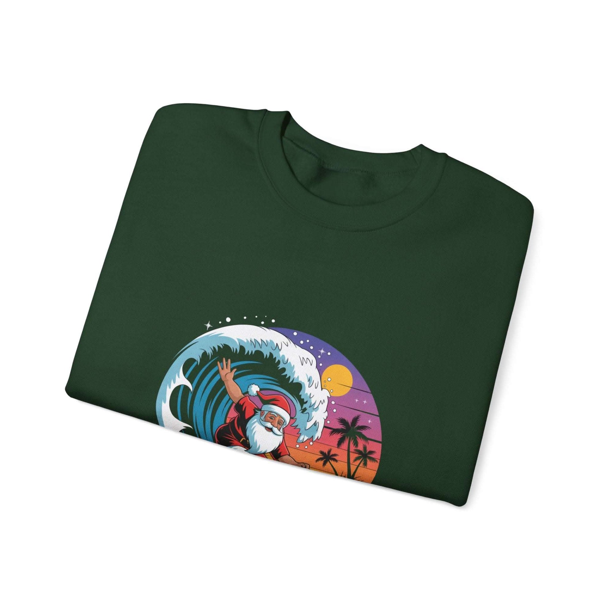 Navy Santa sweatshirt featuring a surfing design, perfect for holiday beachwear by Printify.
