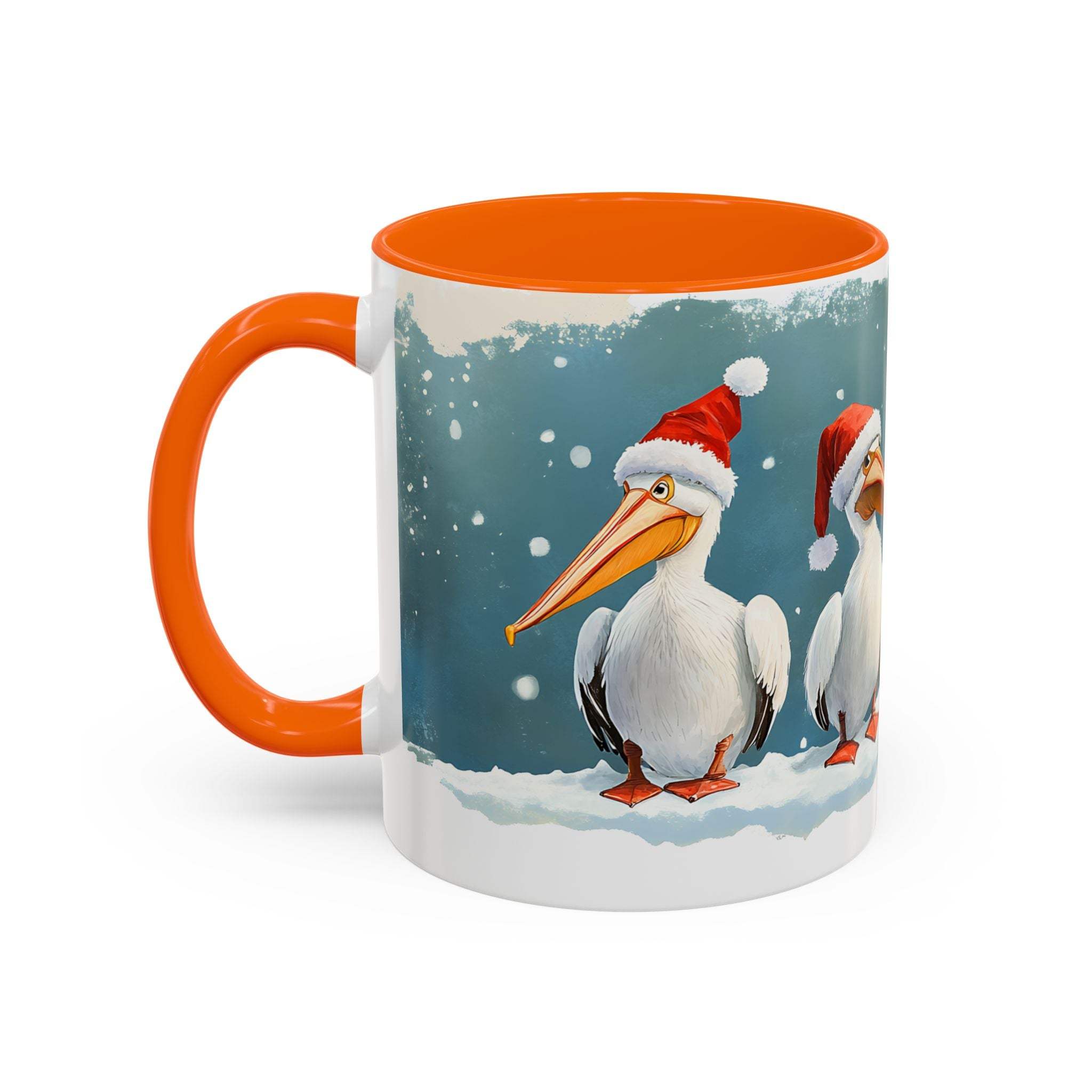 Mug with Christmas-themed design of pelicans wearing Santa hats on a snowy background.
