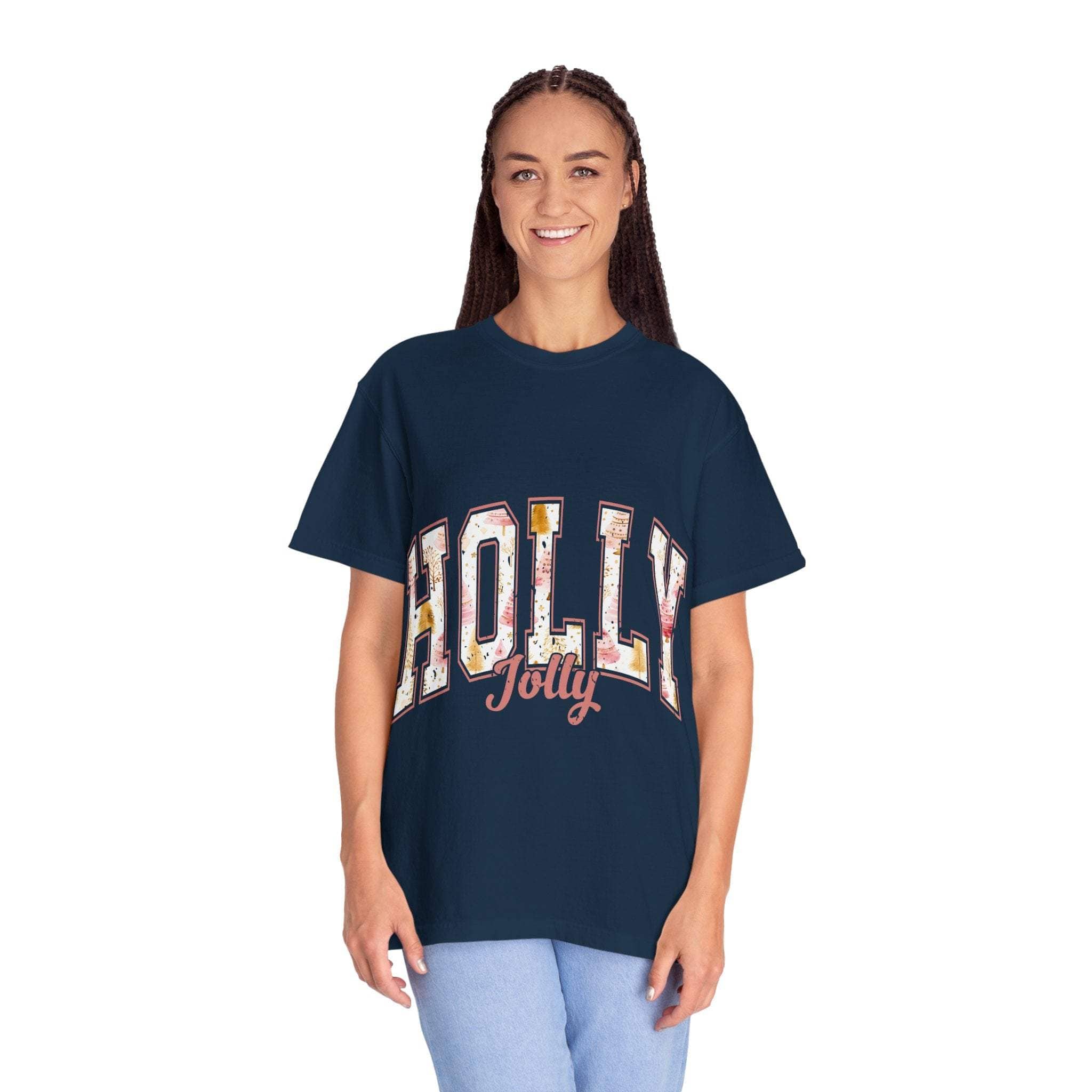 woman wearing navy Varsity Holly Jolly T-shirt with festive design and relaxed fit