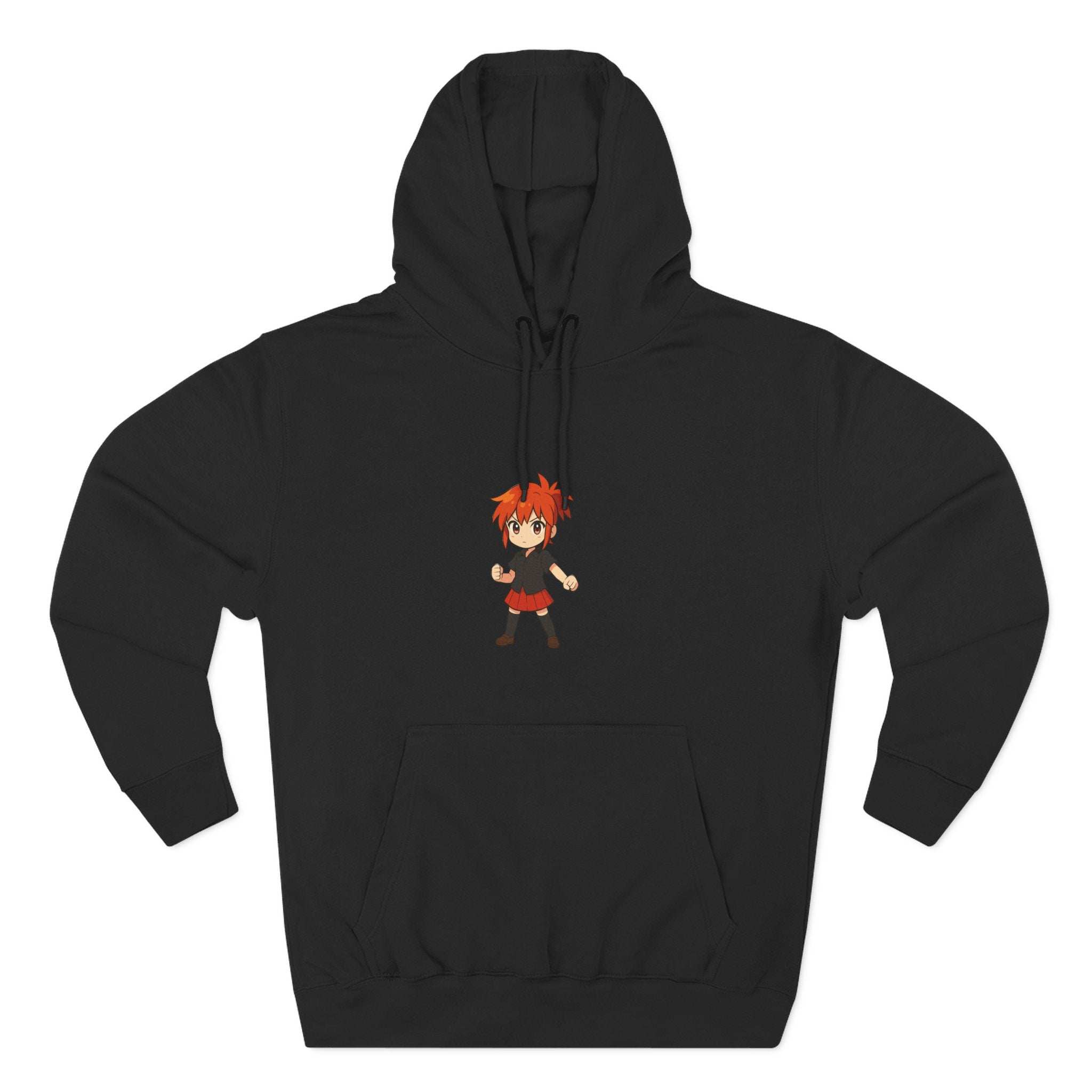 Black fleece hoodie featuring anime Power Girl design, cozy and perfect for casual wear by Printify