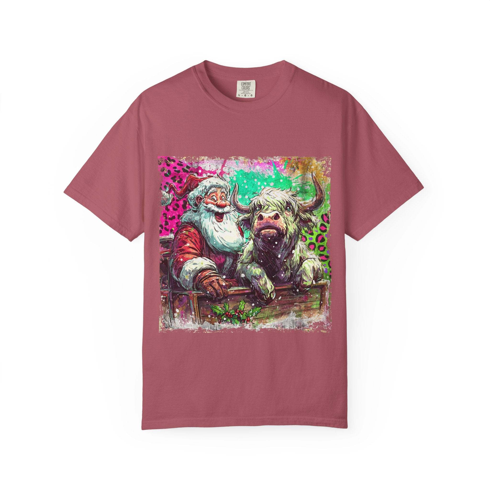 Retro Santa and Highland Cow graphic on a black t-shirt by Printify, perfect for festive holiday wear.