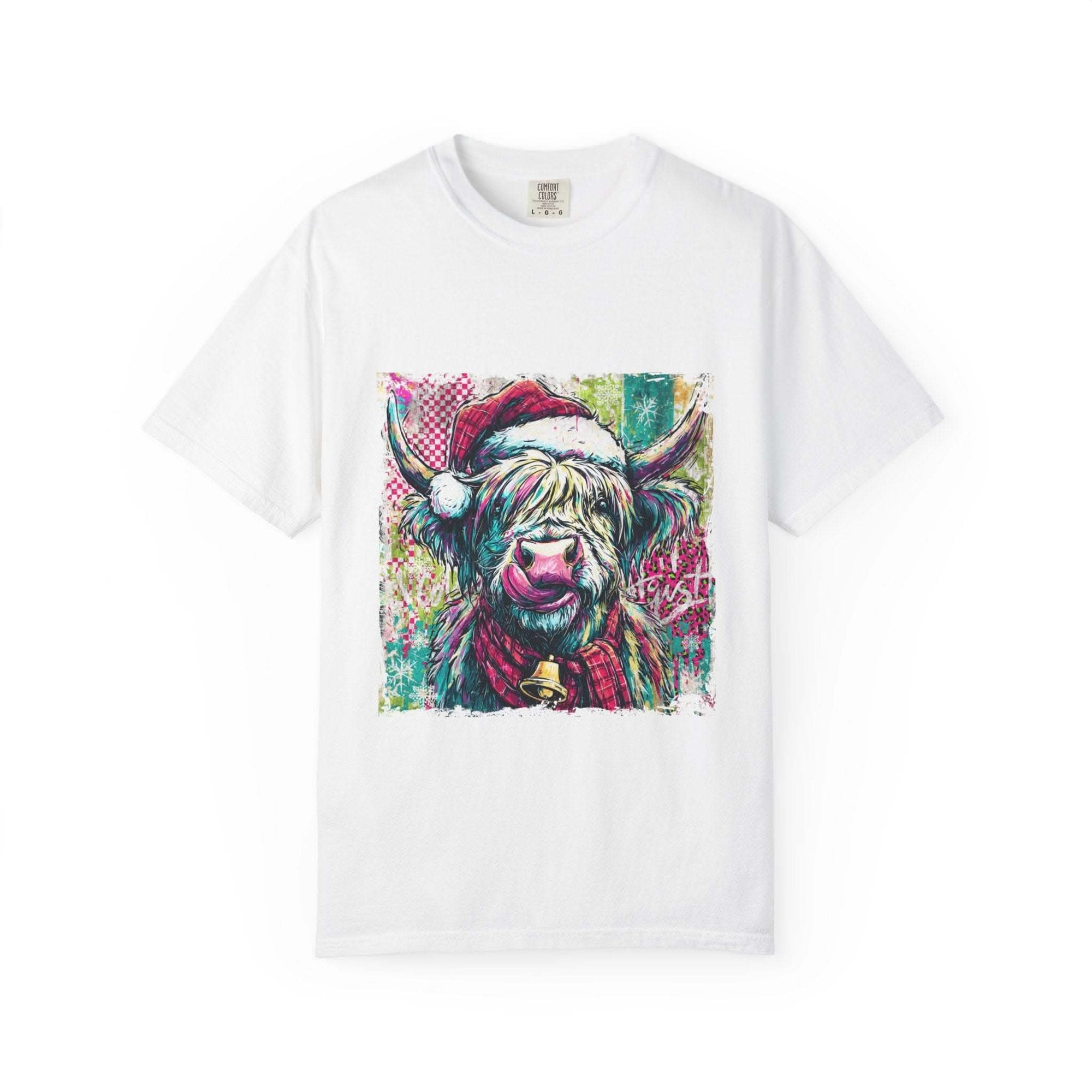 White Retro Santa Highland Cow T-shirt with colorful festive cow graphic and Santa hat design
