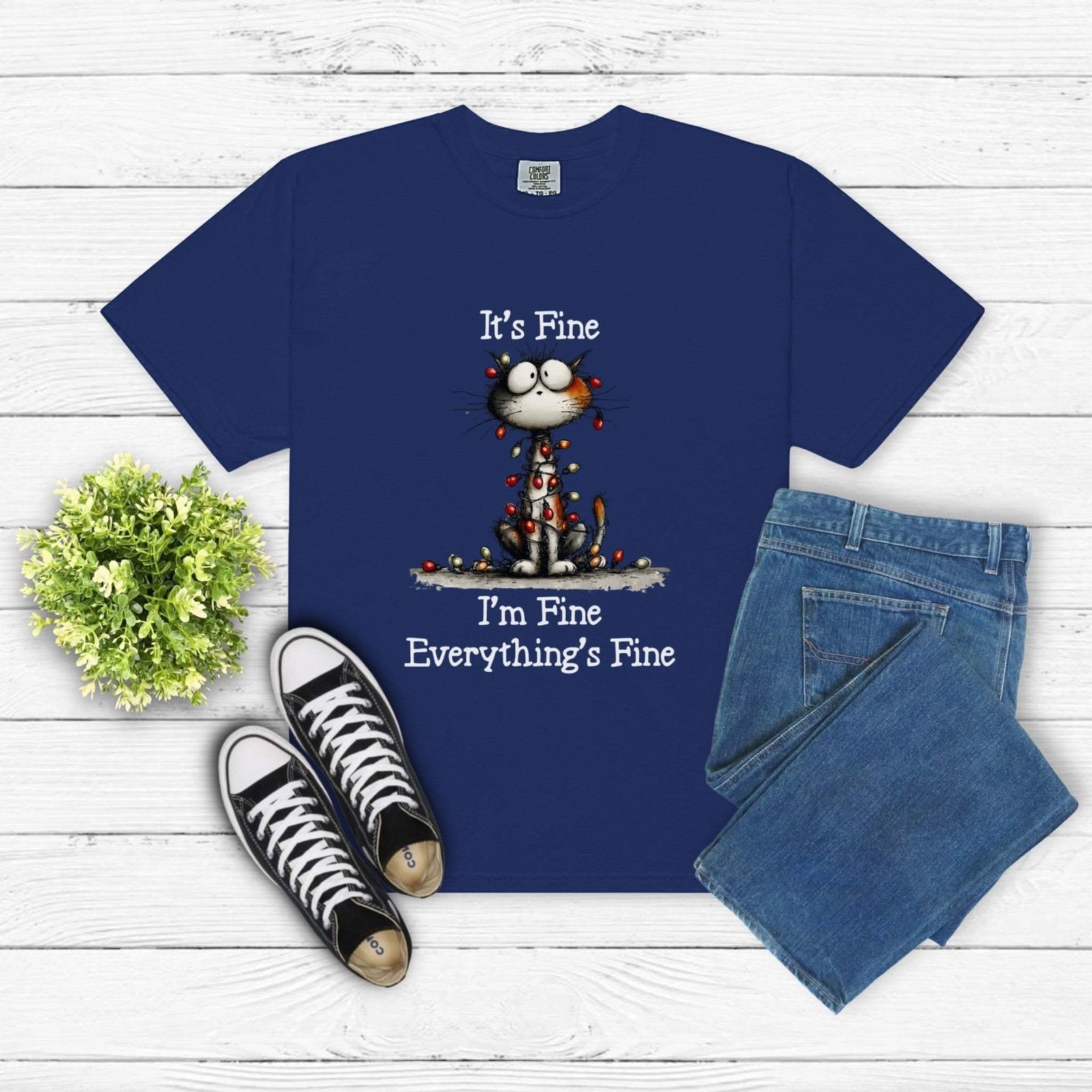 Cat T-shirt with small cat illustration and "I'm Fine, It's Fine, Everything's Fine" text, soft garment-dyed cotton, relaxed fit