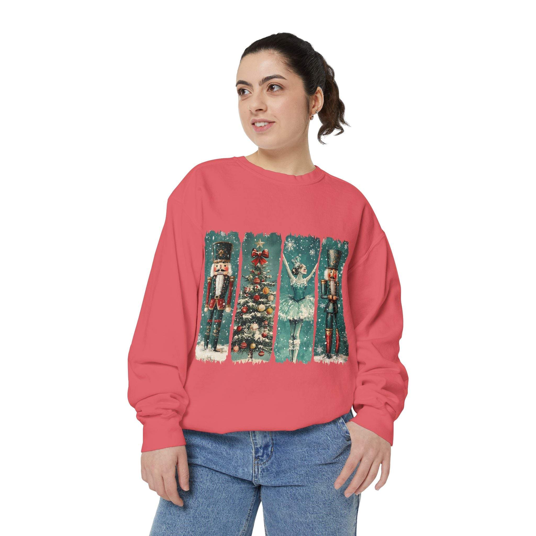 Woman wearing vintage Christmas Nutcracker sweatshirt with festive nutcracker and holiday design