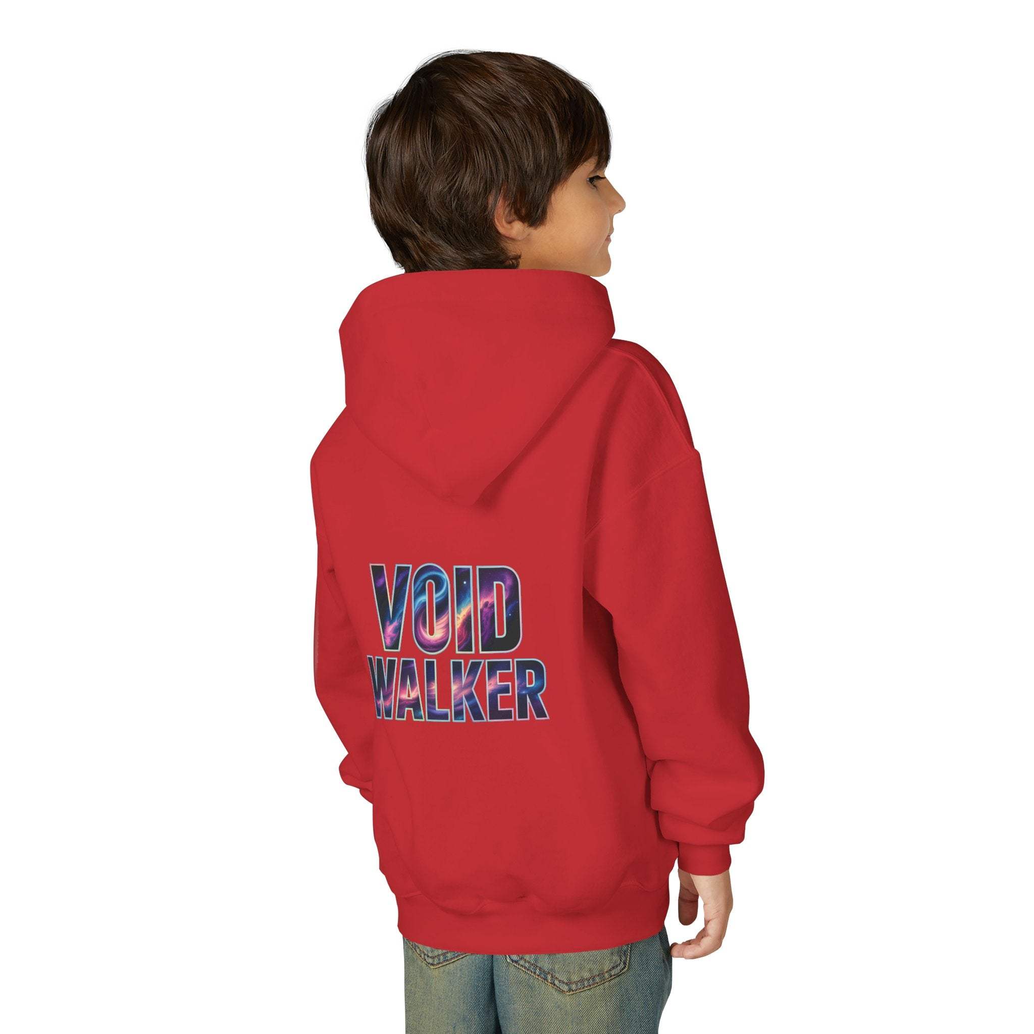 Red Galaxy Hoodie for kids with "Void Walker" galaxy print on back