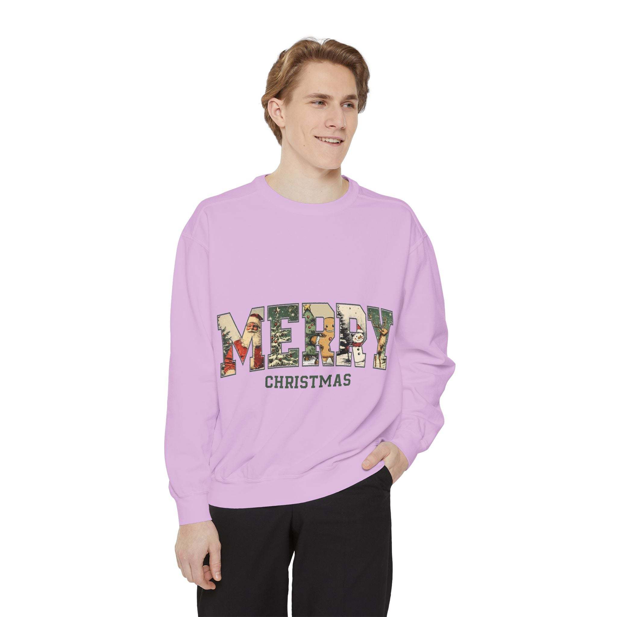 Vintage Varsity Merry Christmas pink sweatshirt with festive print worn by smiling man