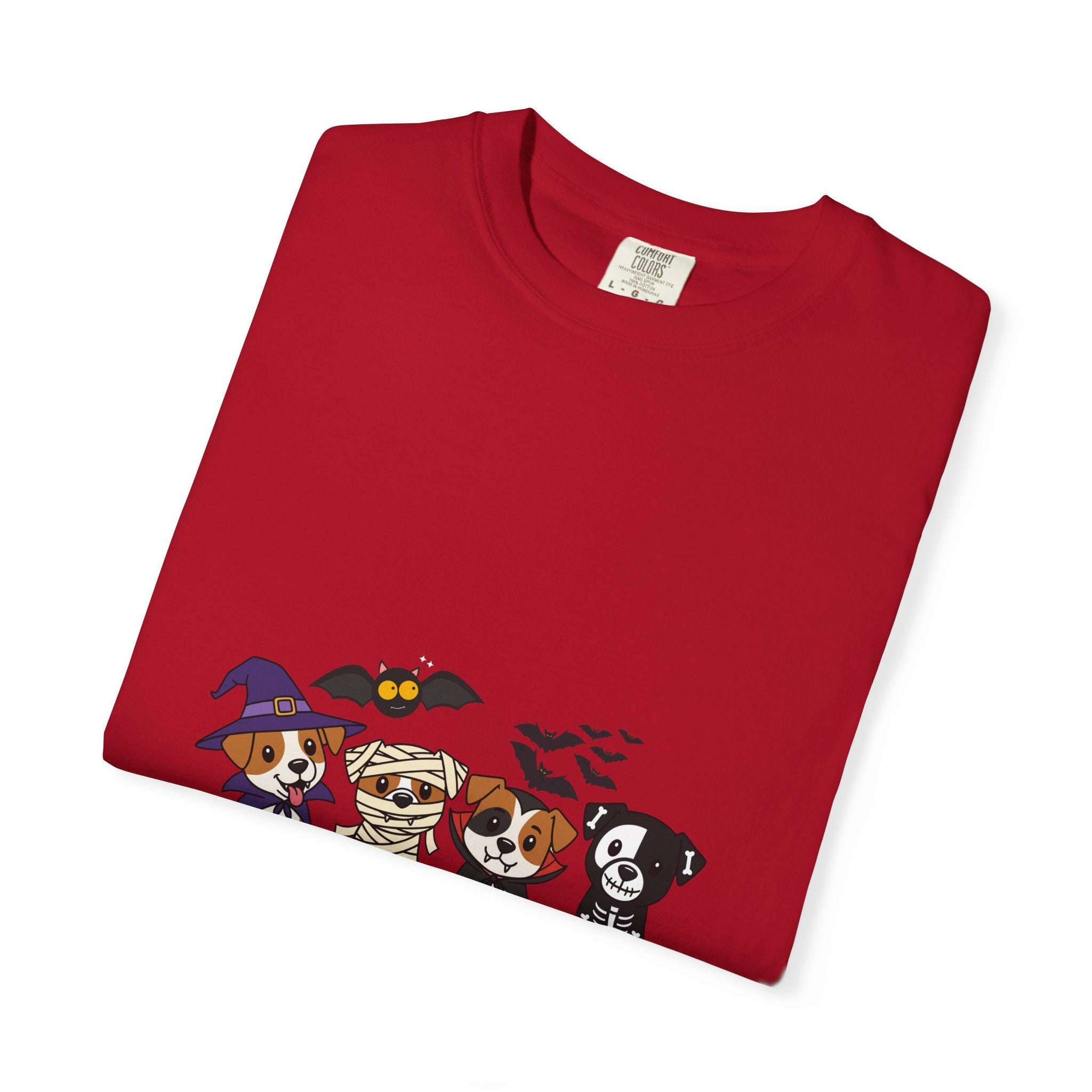 Red puppies Halloween T-shirt with cartoon puppies in costumes including witch, mummy, and skeleton designs