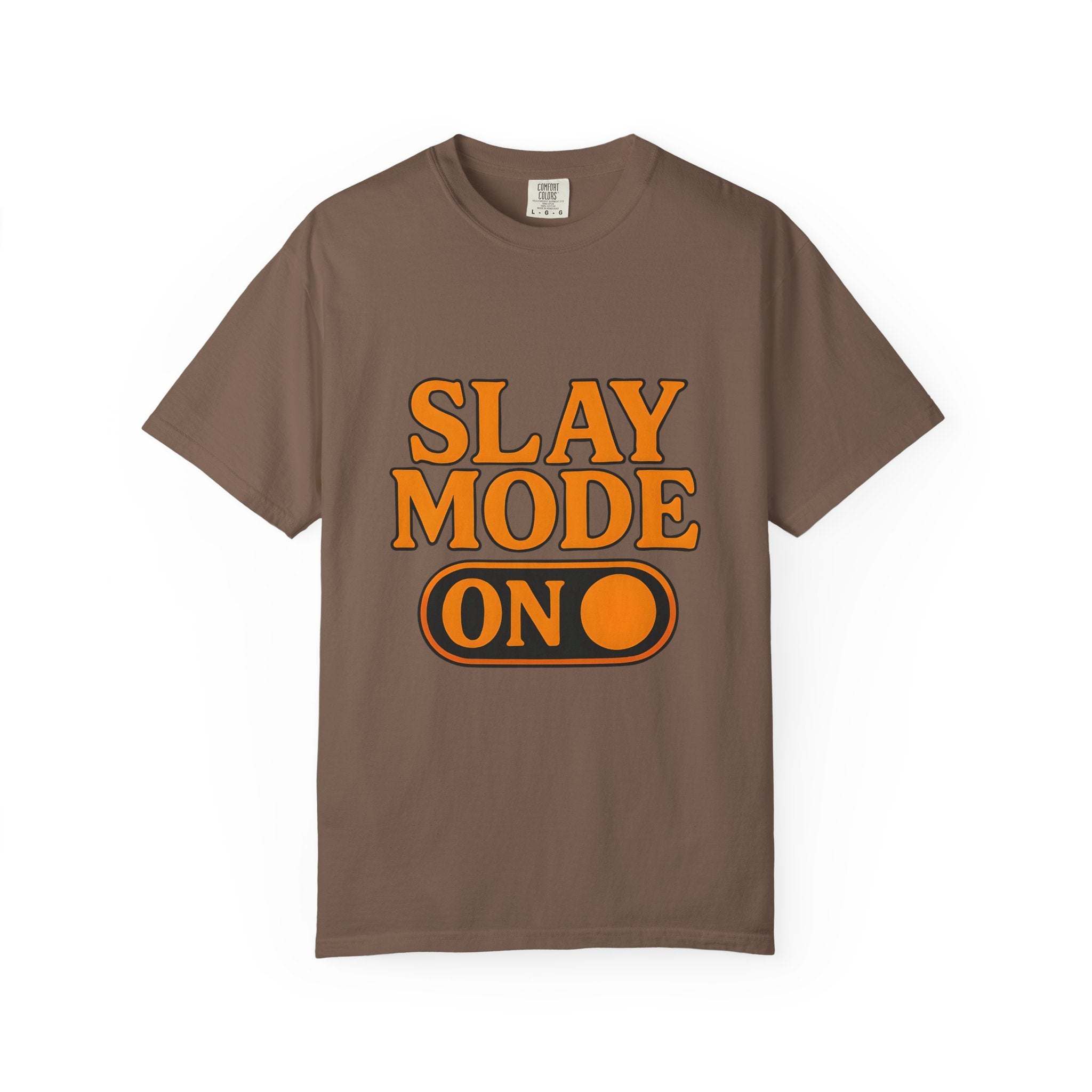 Garment-dyed black t-shirt with 'Slay Mode On' print, casual style by Printify