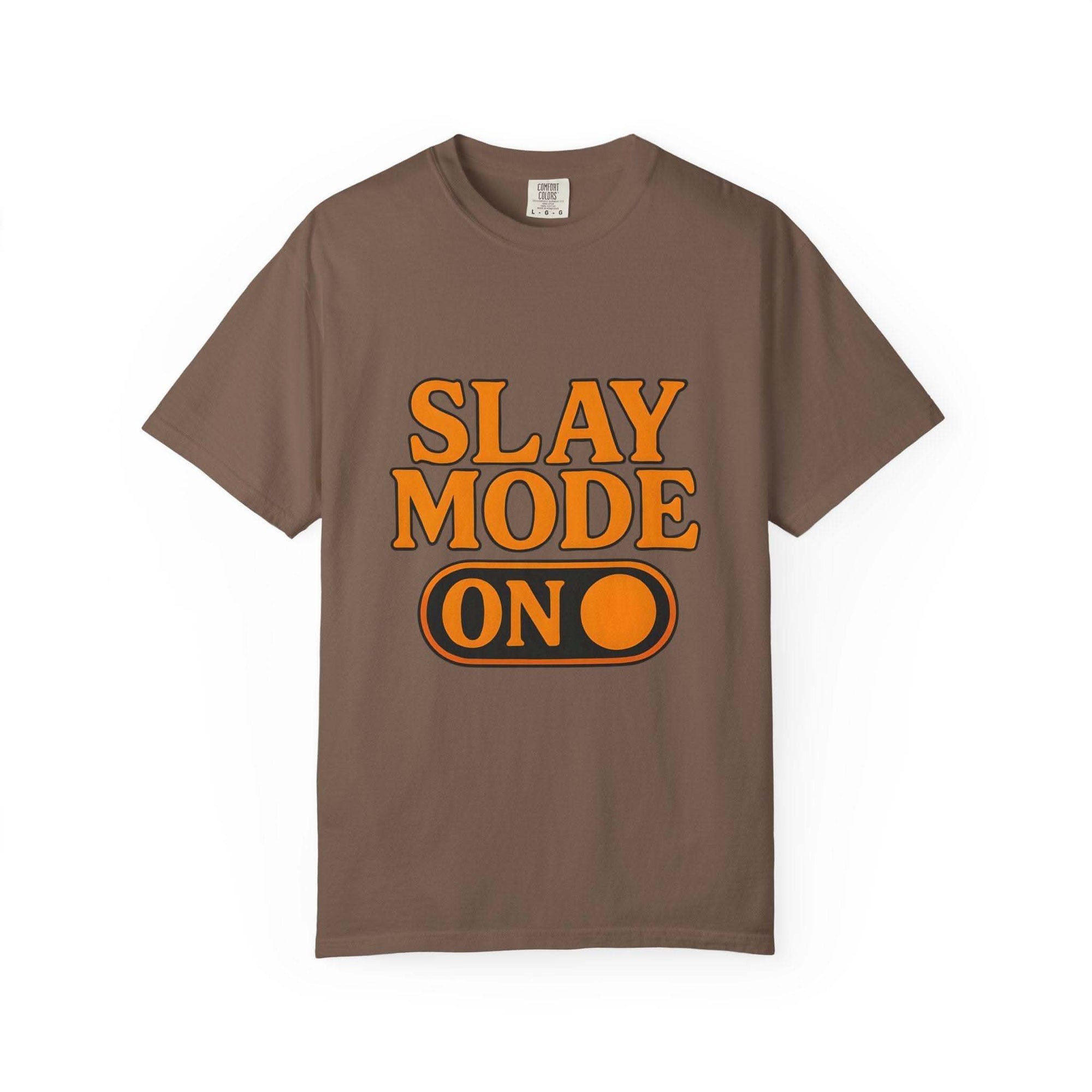 Garment-dyed black t-shirt with 'Slay Mode On' print, casual style by Printify