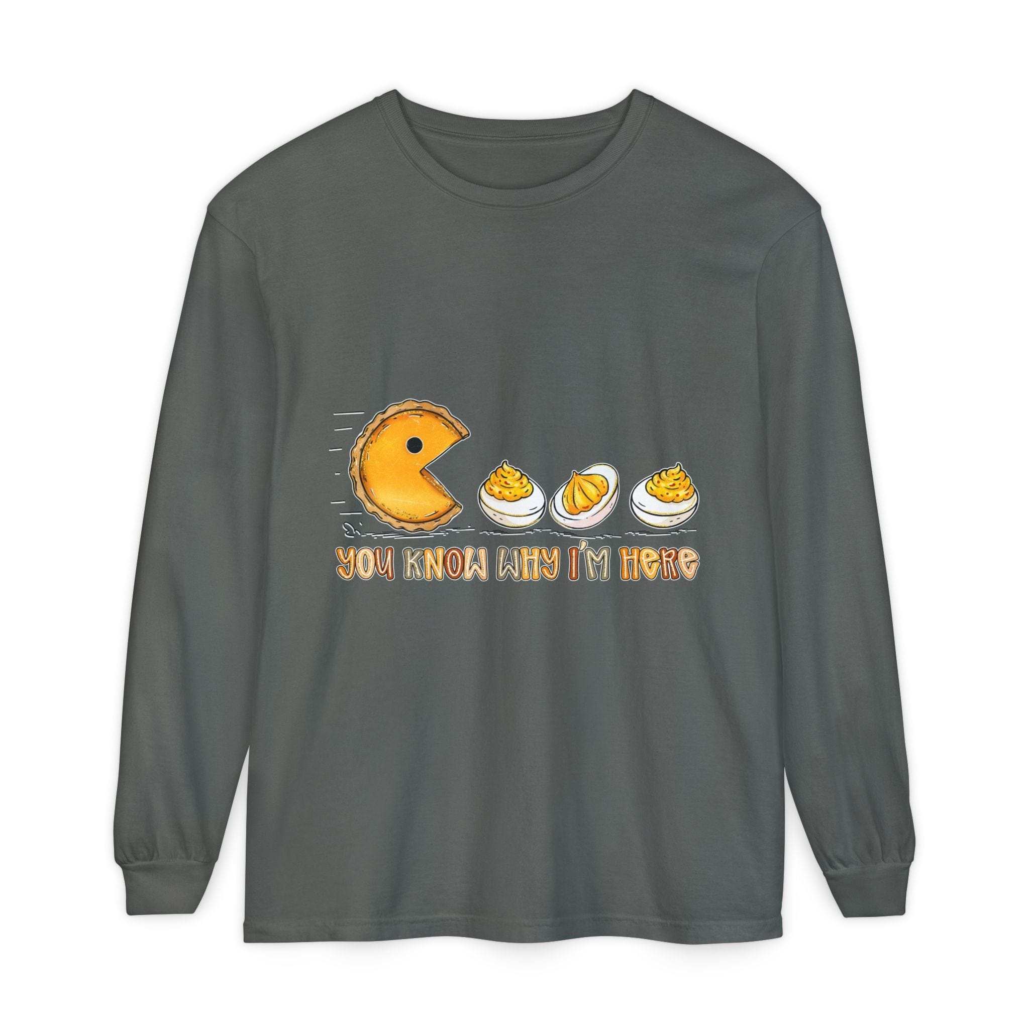 White long sleeve t-shirt featuring 'You Know Why I'm Here' deviled eggs design by Printify