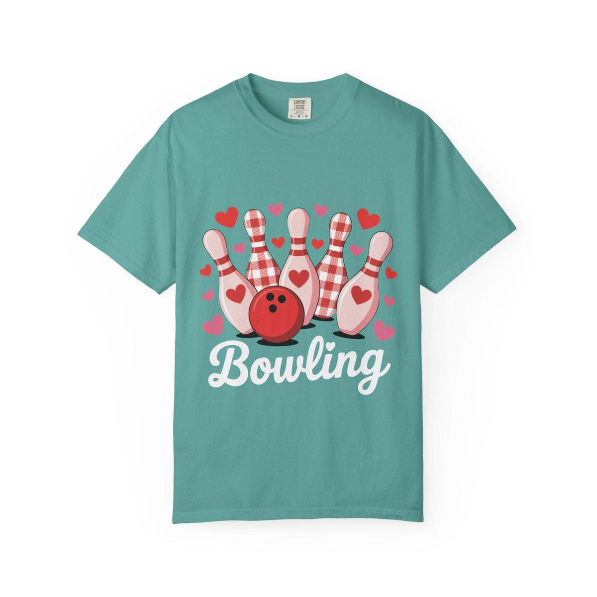 Valentine's Bowling Hearts TShirt with tiny hearts and bowling pin design on soft heavyweight cotton