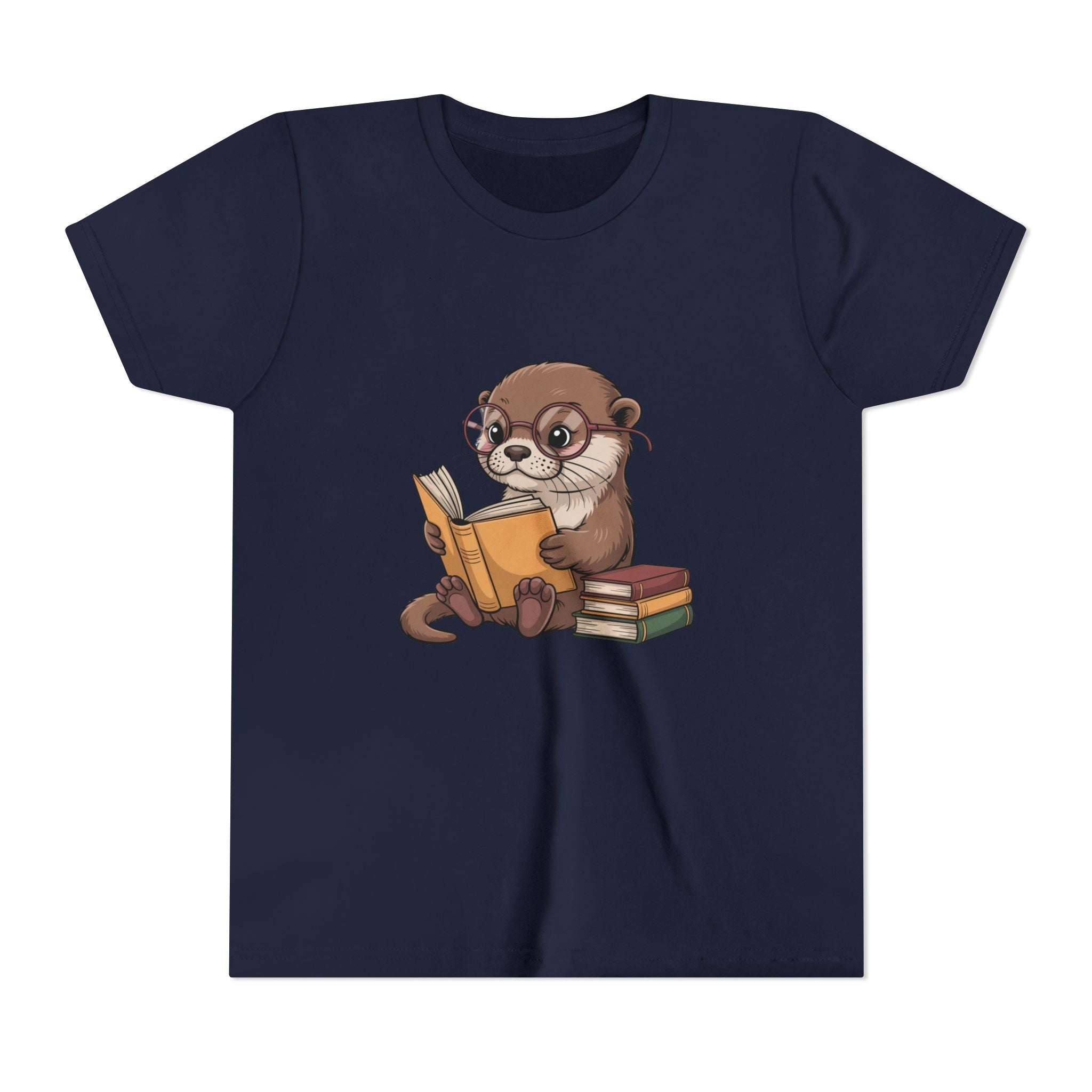 Navy blue t-shirt with an otter reading a book graphic on a white background