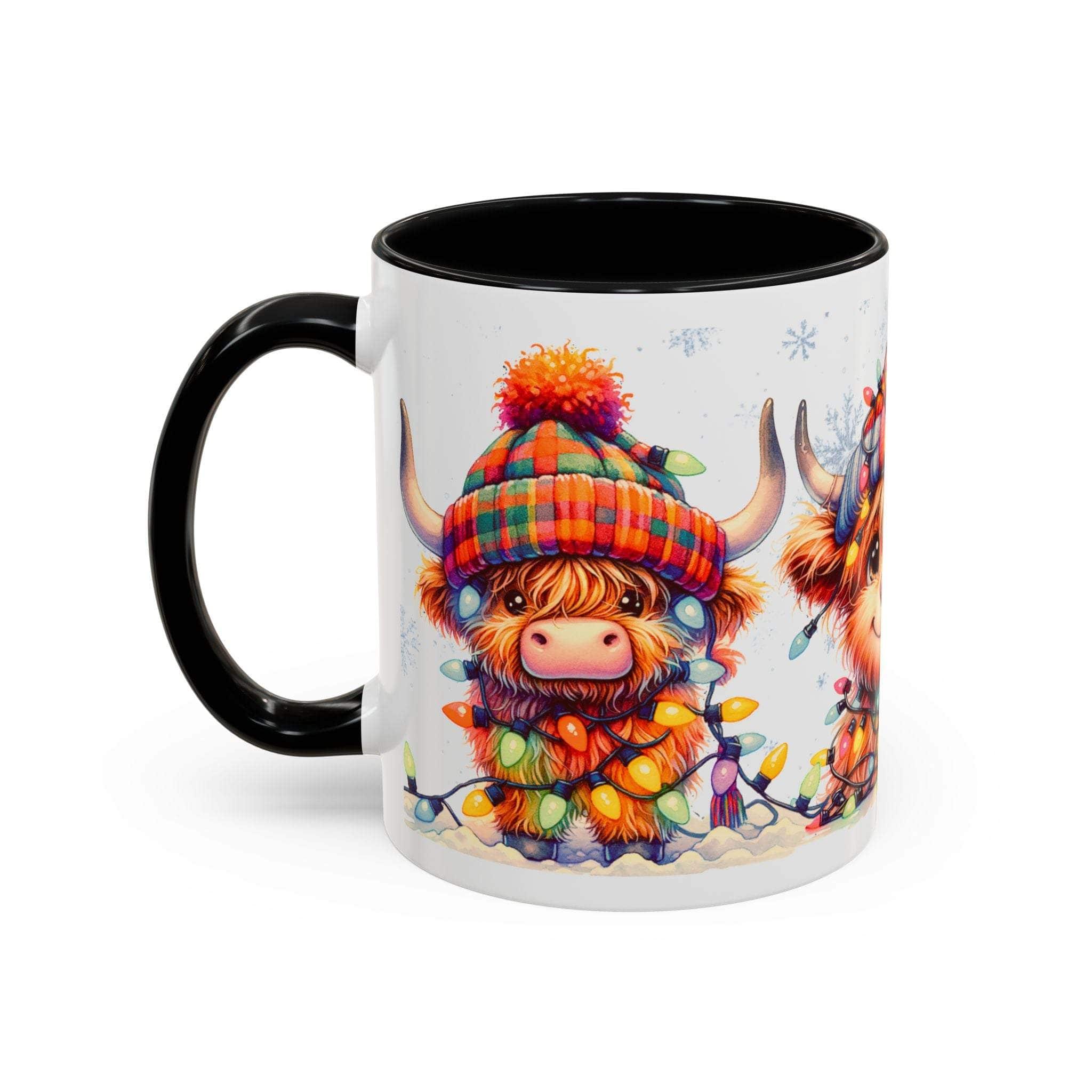 Scottish Highland Cow holiday coffee mug with colorful winter hat and string lights design