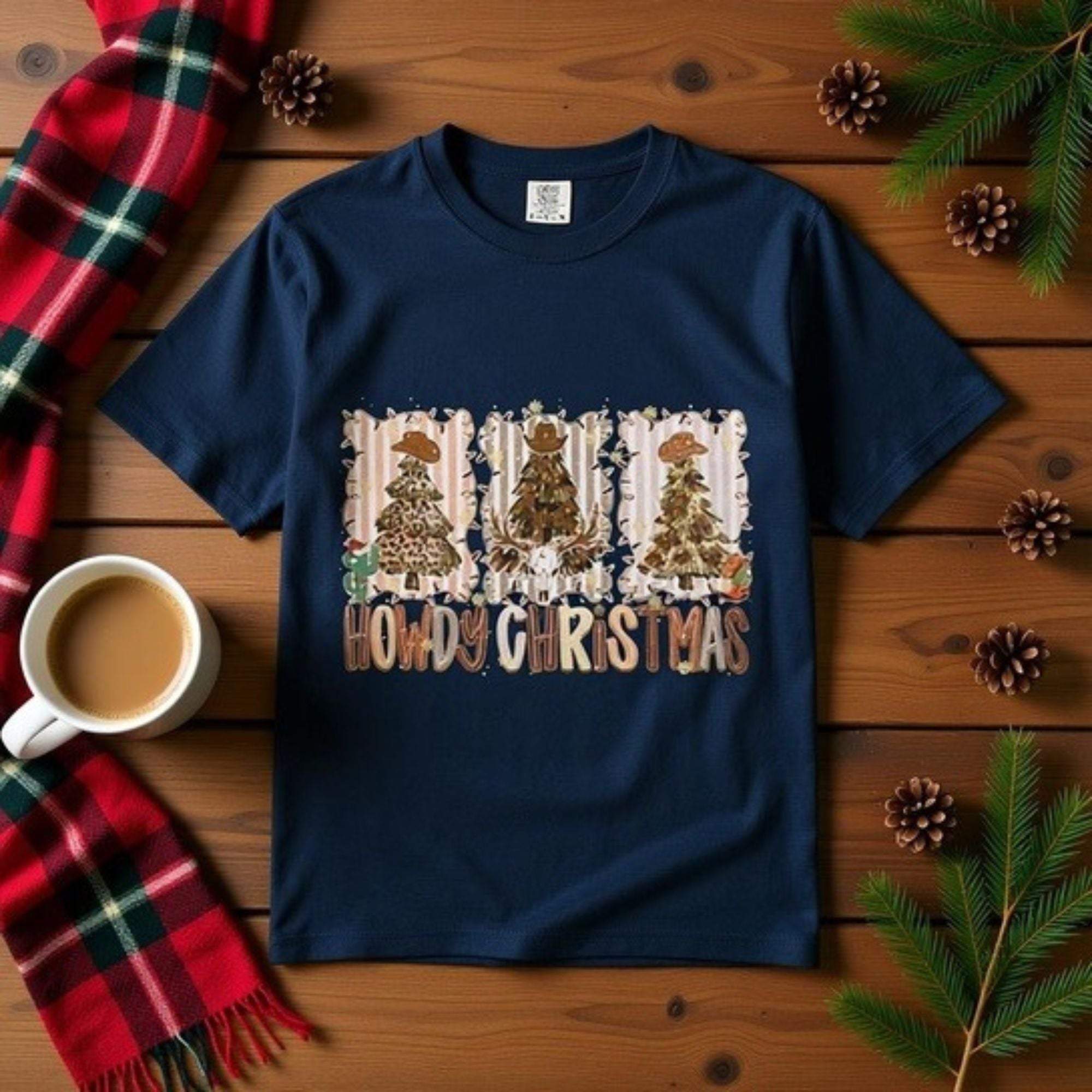 Cowboy Howdy Christmas navy t-shirt with festive tree and cowboy hat design on wooden background