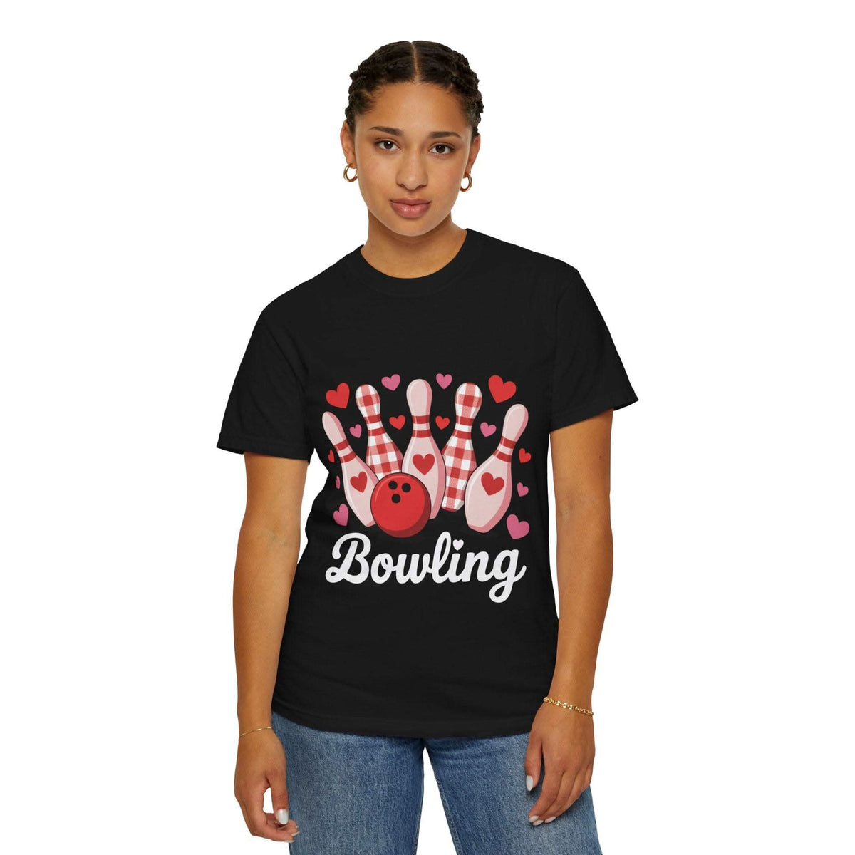 Valentine's Bowling Hearts TShirt with tiny hearts and bowling pin design on cozy garment-dyed cotton
