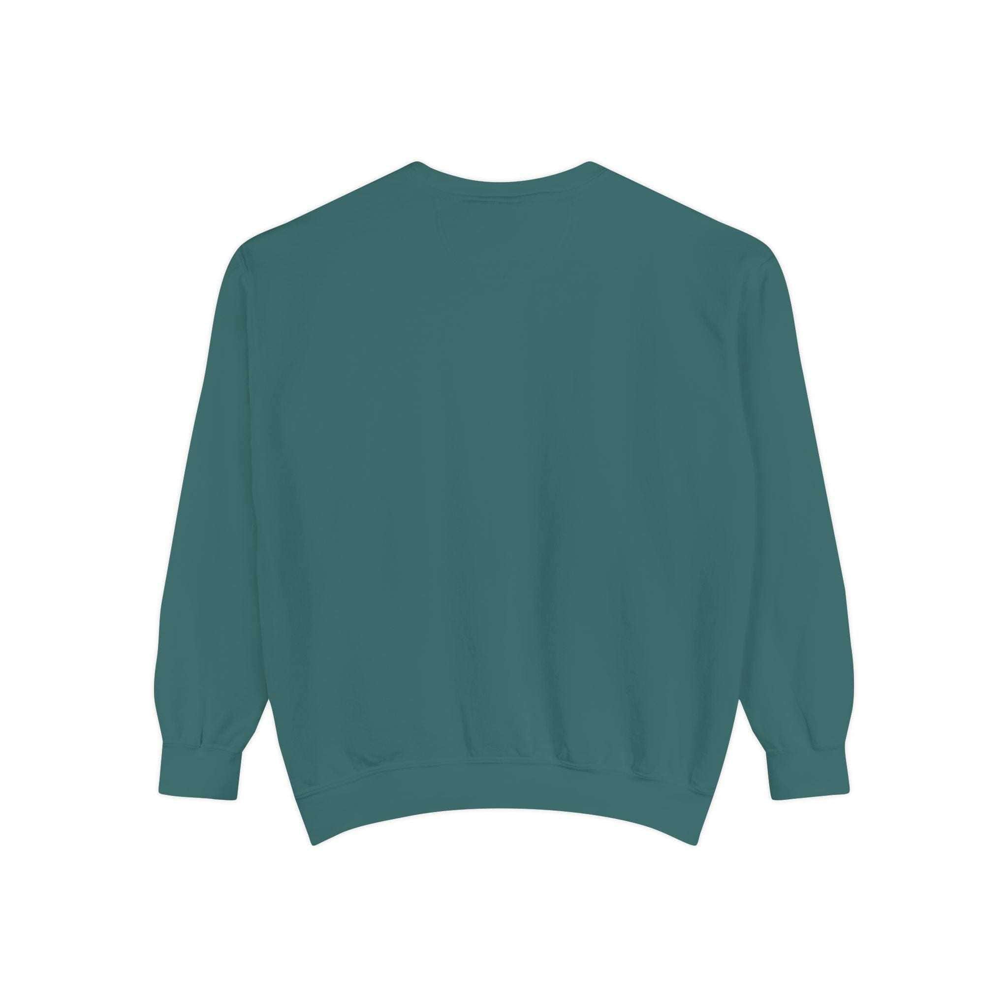 Back view of teal iridescent Merry Christmas sweatshirt, unisex cozy cotton blend holiday apparel