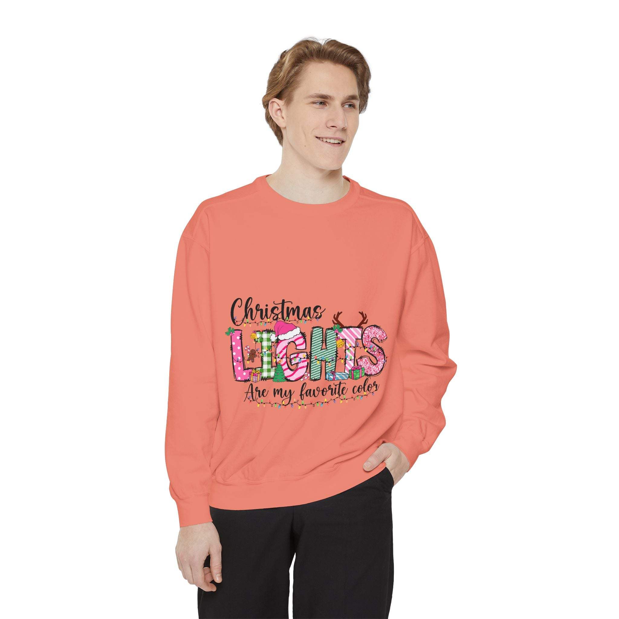 White garment-dyed sweatshirt featuring festive Christmas lights design by Printify