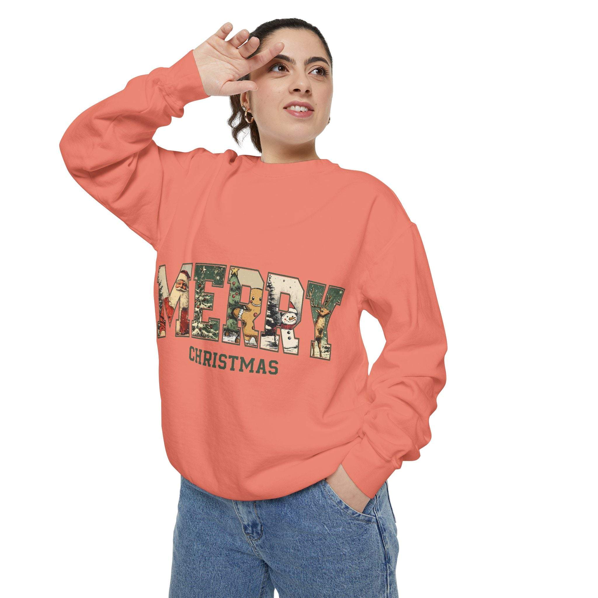 Vintage Varsity Merry Christmas sweatshirt in coral with festive graphic and relaxed fit