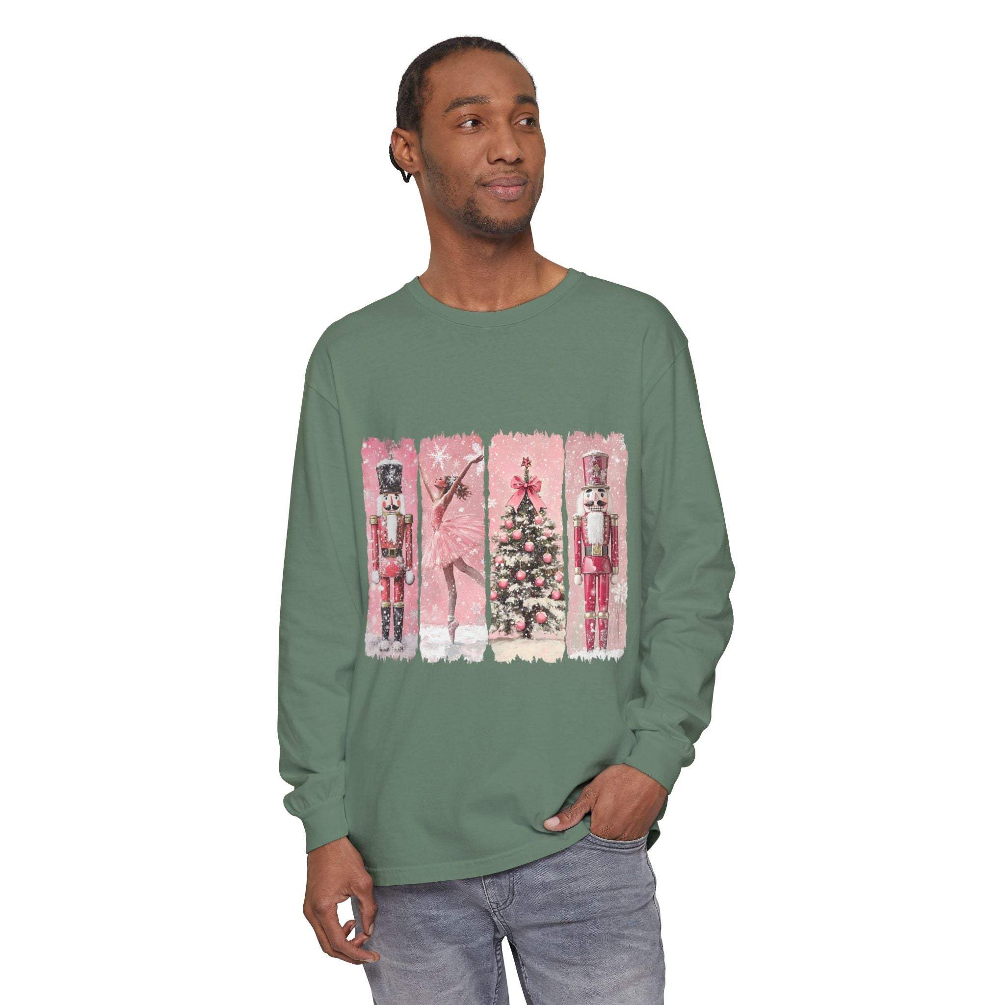 Men's long sleeve t-shirt with pink watercolor Nutcracker Christmas design on green fabric