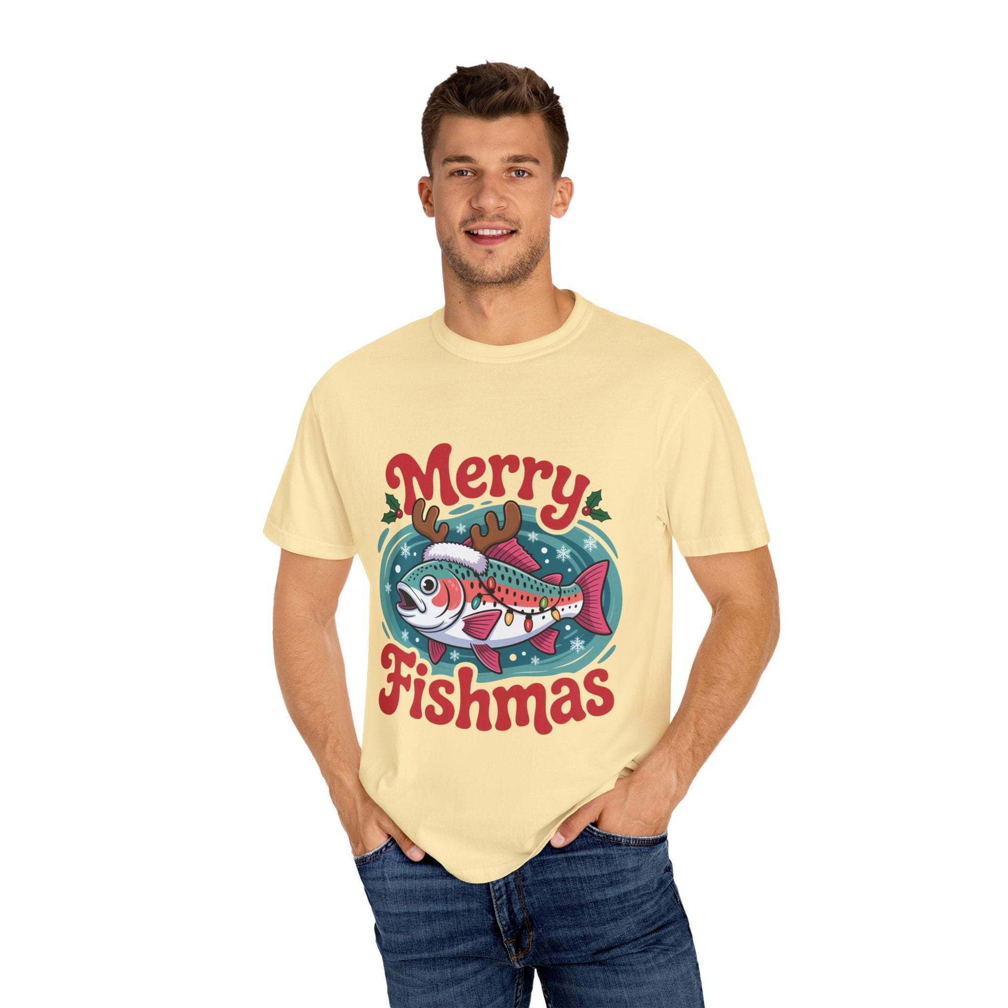 True Navy garment-dyed t-shirt featuring Merry Fishmas design for fishermen, by Printify